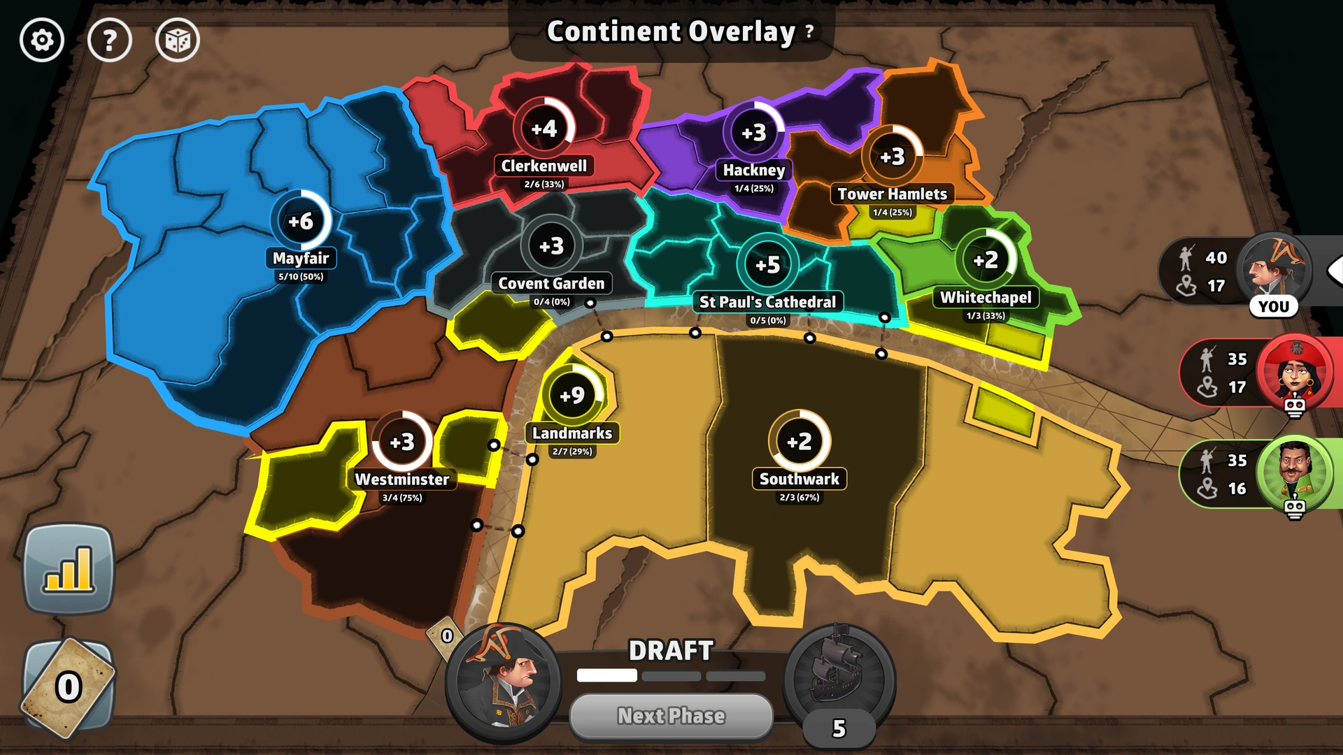 28 Turns Later map from Risk: Global Domination, displaying London's districts as regions with troop bonuses.