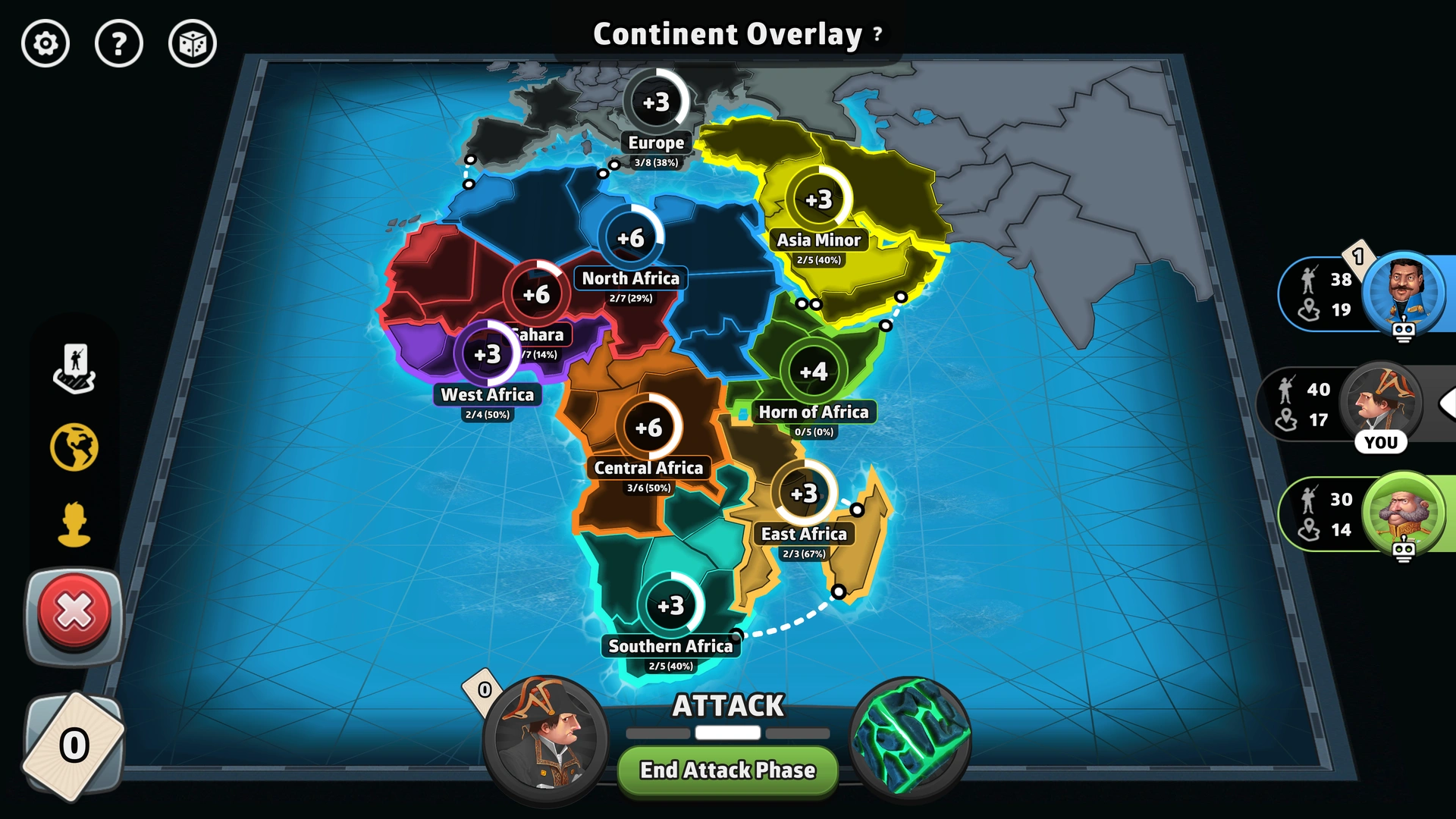Africa Advanced map from Risk: Global Domination, displaying African regions with troop bonuses.