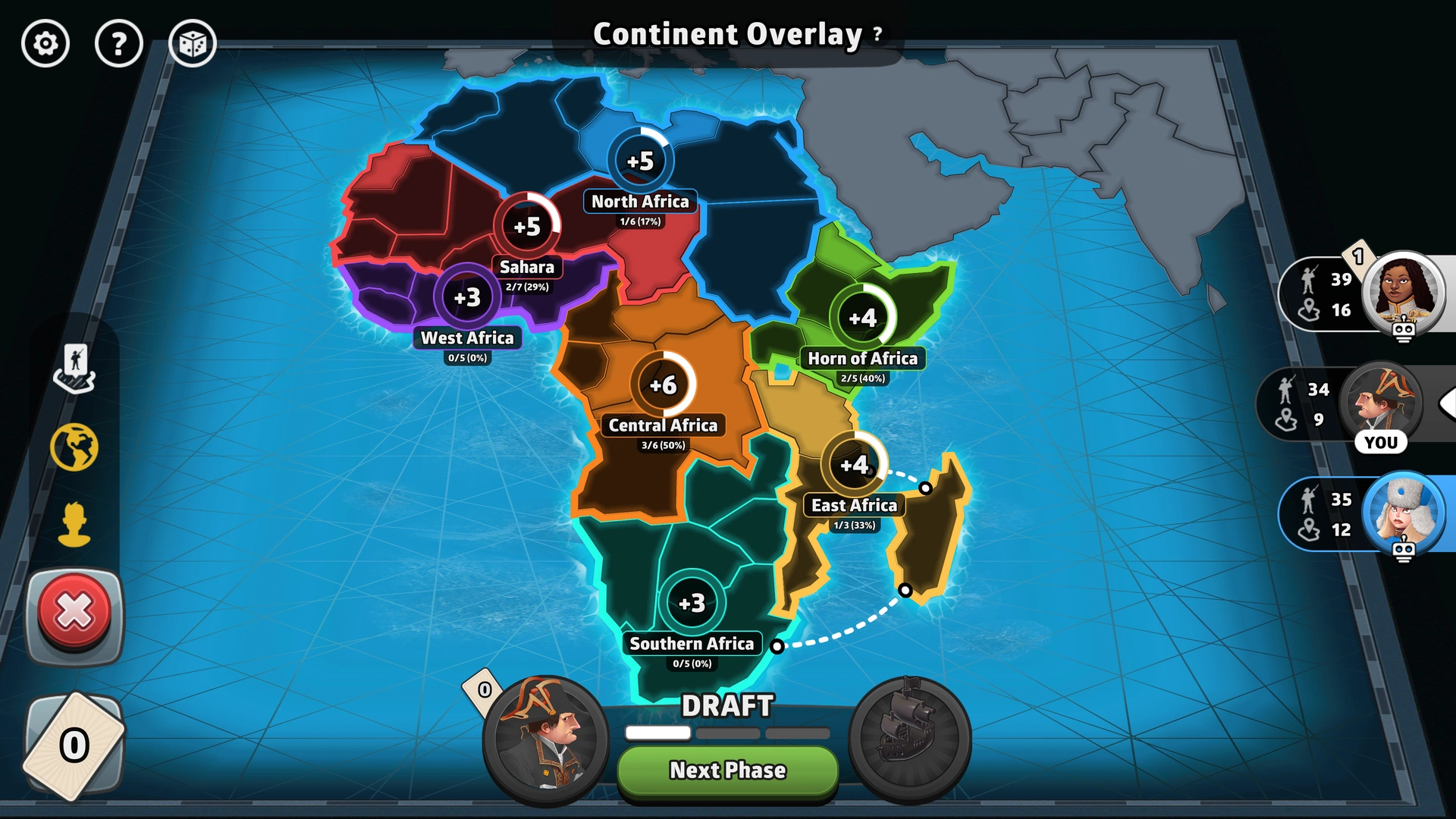 Africa map from Risk: Global Domination, displaying the a simple African continent.
