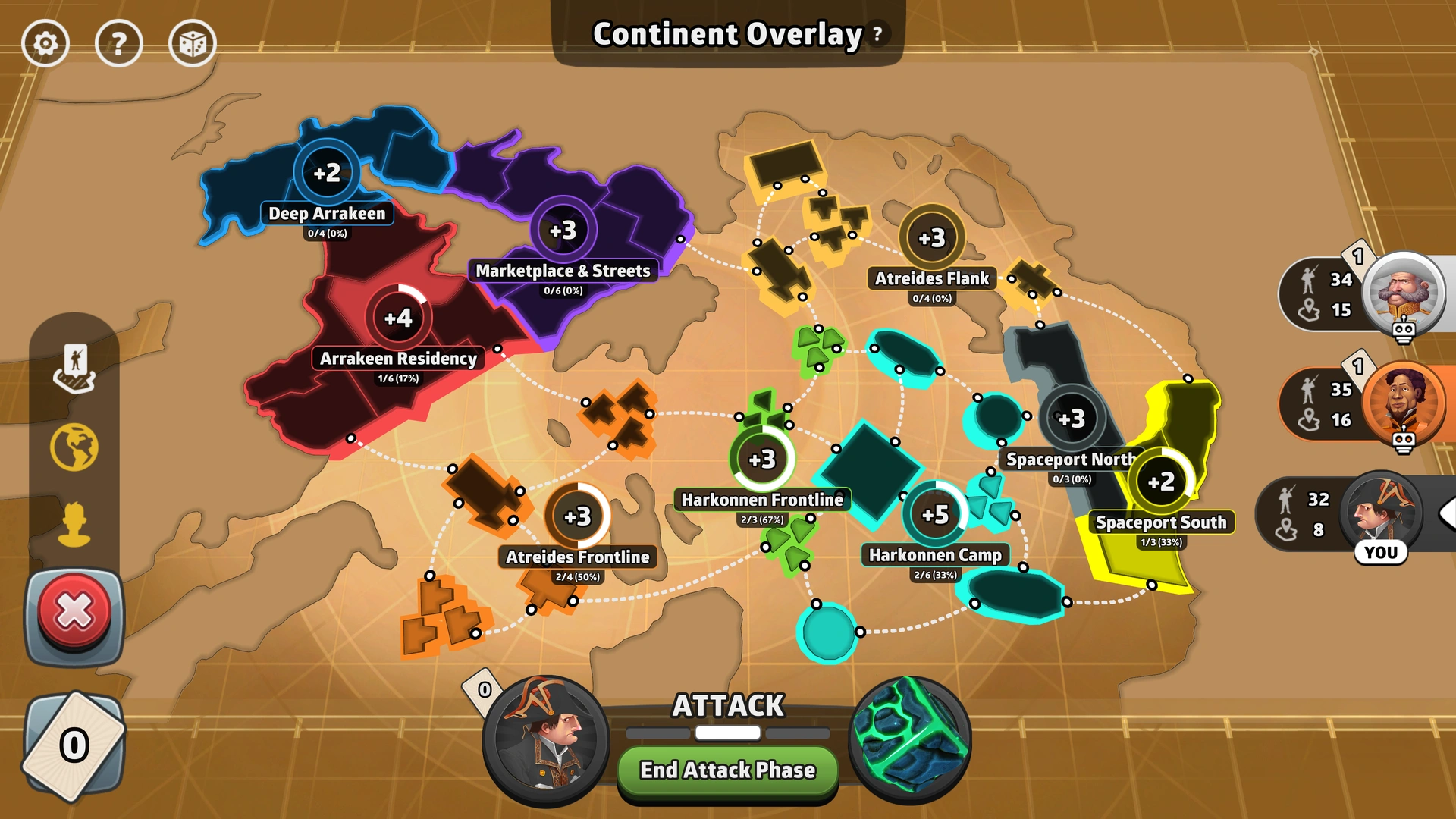Arrakeen map from Risk: Global Domination, displaying key regions and troop bonuses.