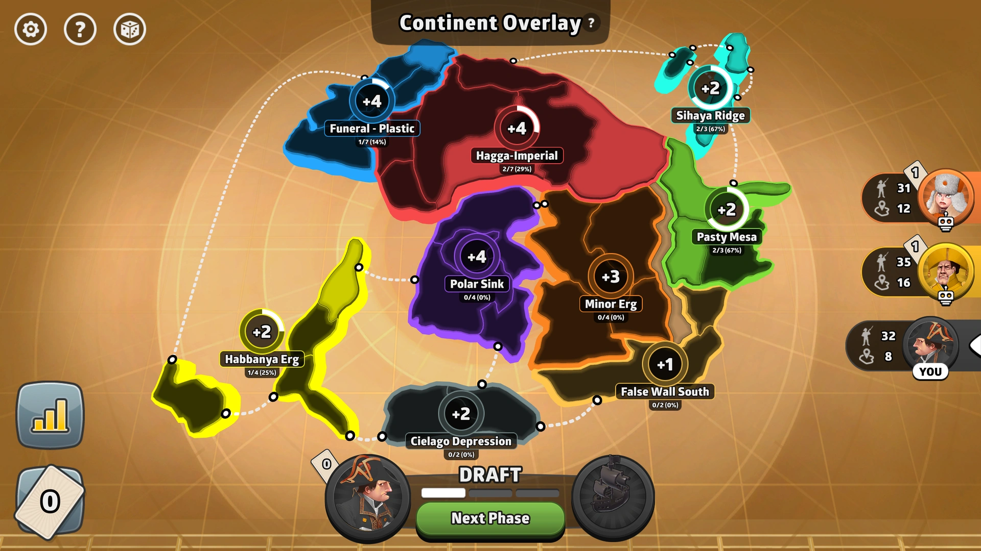 Arrakis map from Risk: Global Domination, displaying key regions and troop bonuses.