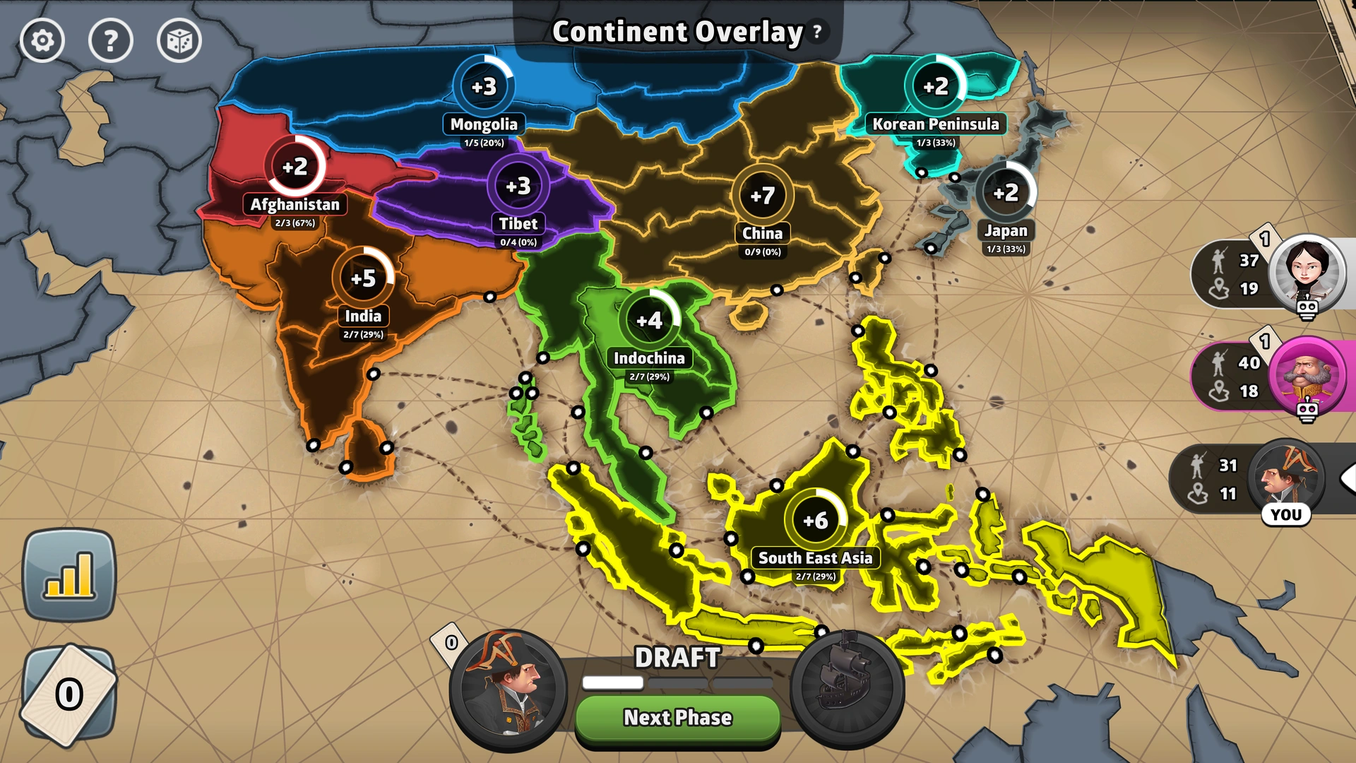 Asia 1800s map from Risk: Global Domination, displaying key regions and troop bonuses.