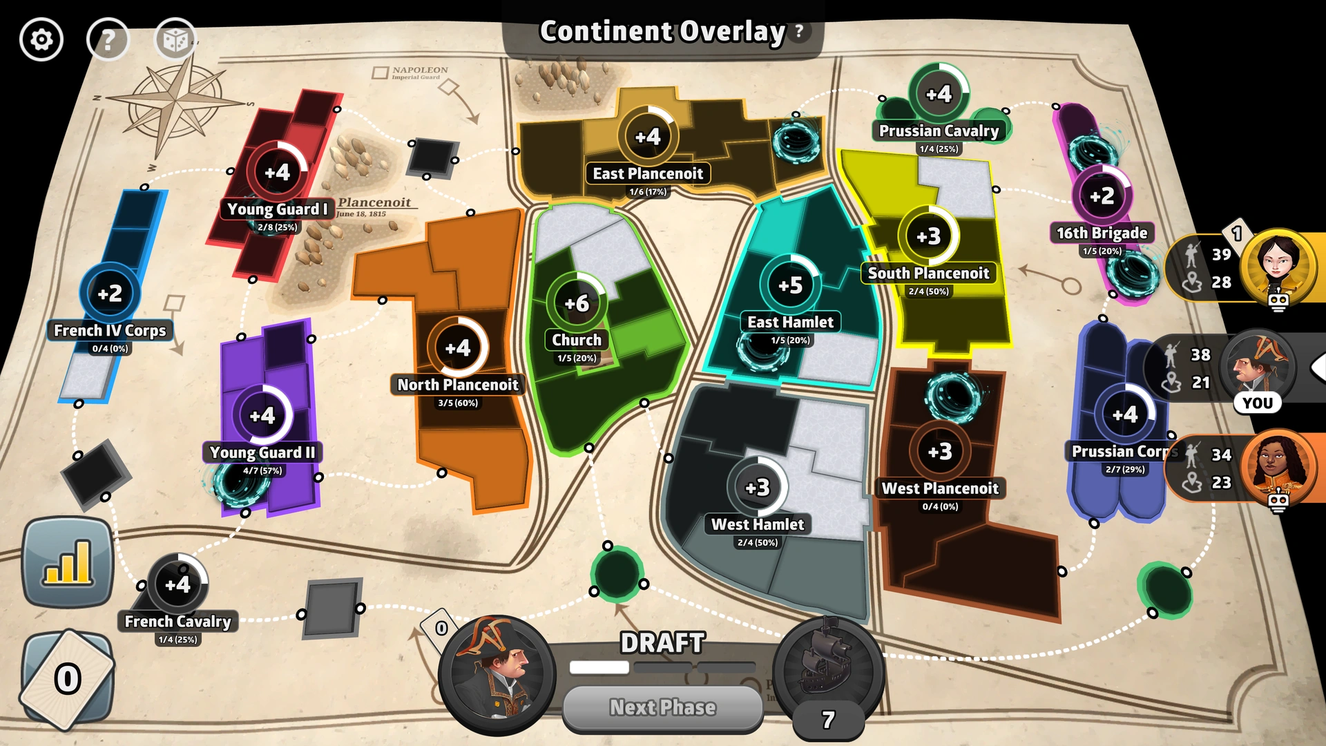 Battle for Plancenoit map from Risk: Global Domination, displaying the historical battlefield with troop positions and strategic zones.