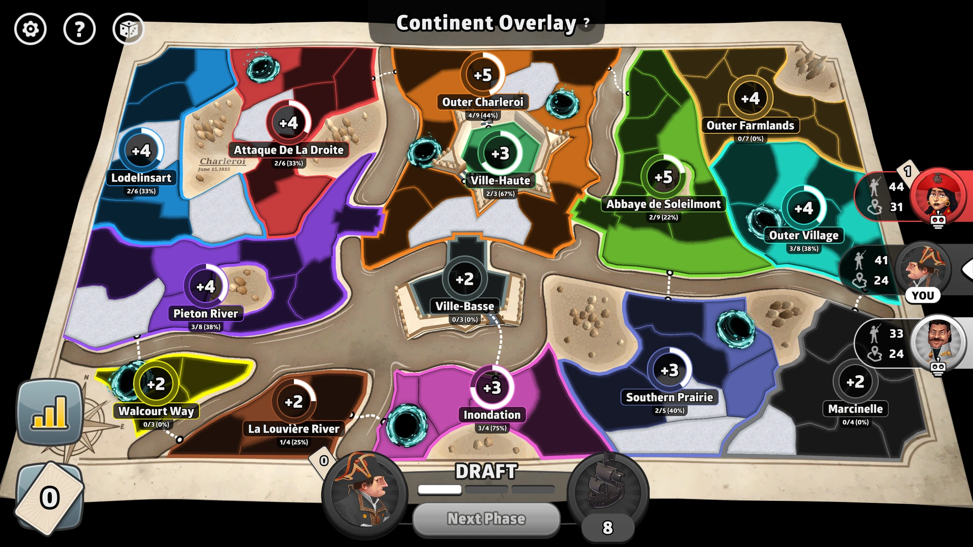 Battle of Charleroi map from Risk: Global Domination, showing the walled city and surrounding territory with strategic points.