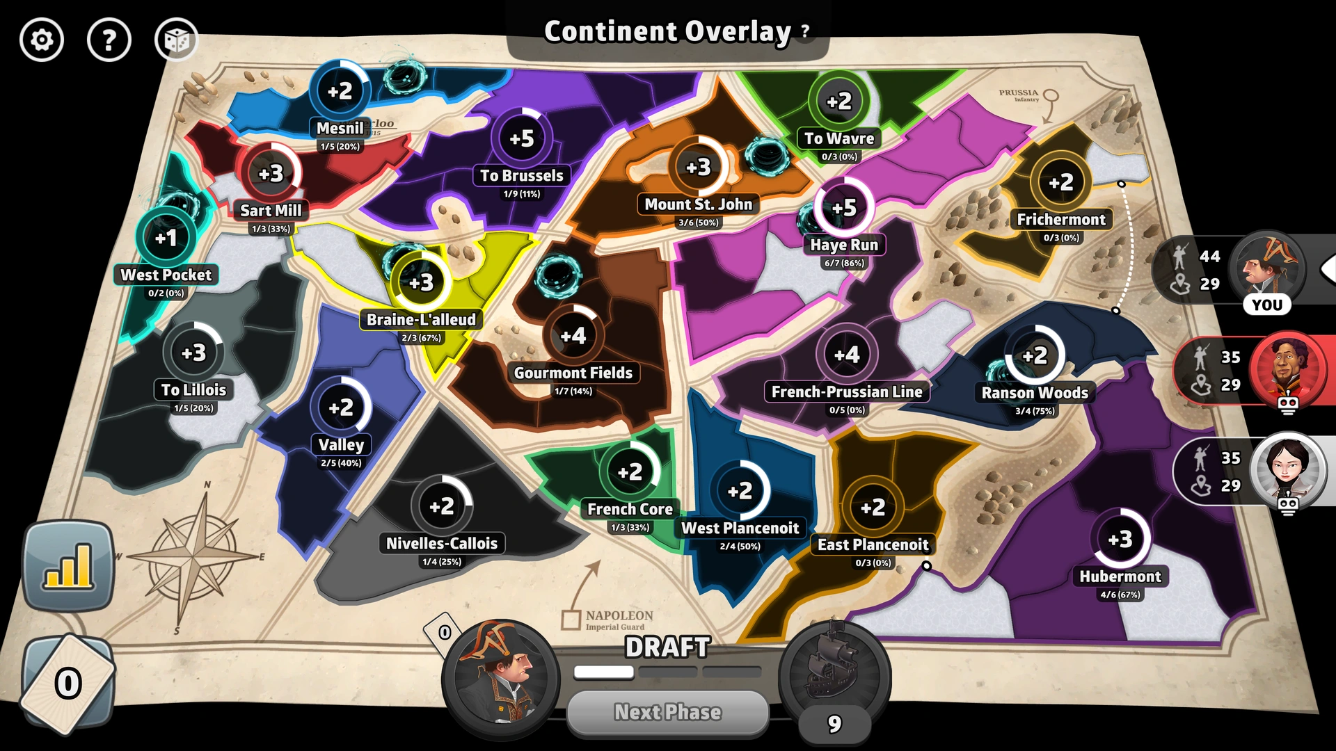 Battle of Waterloo map from Risk: Global Domination, showing the extensive battlefield where Napoleon met his final defeat.