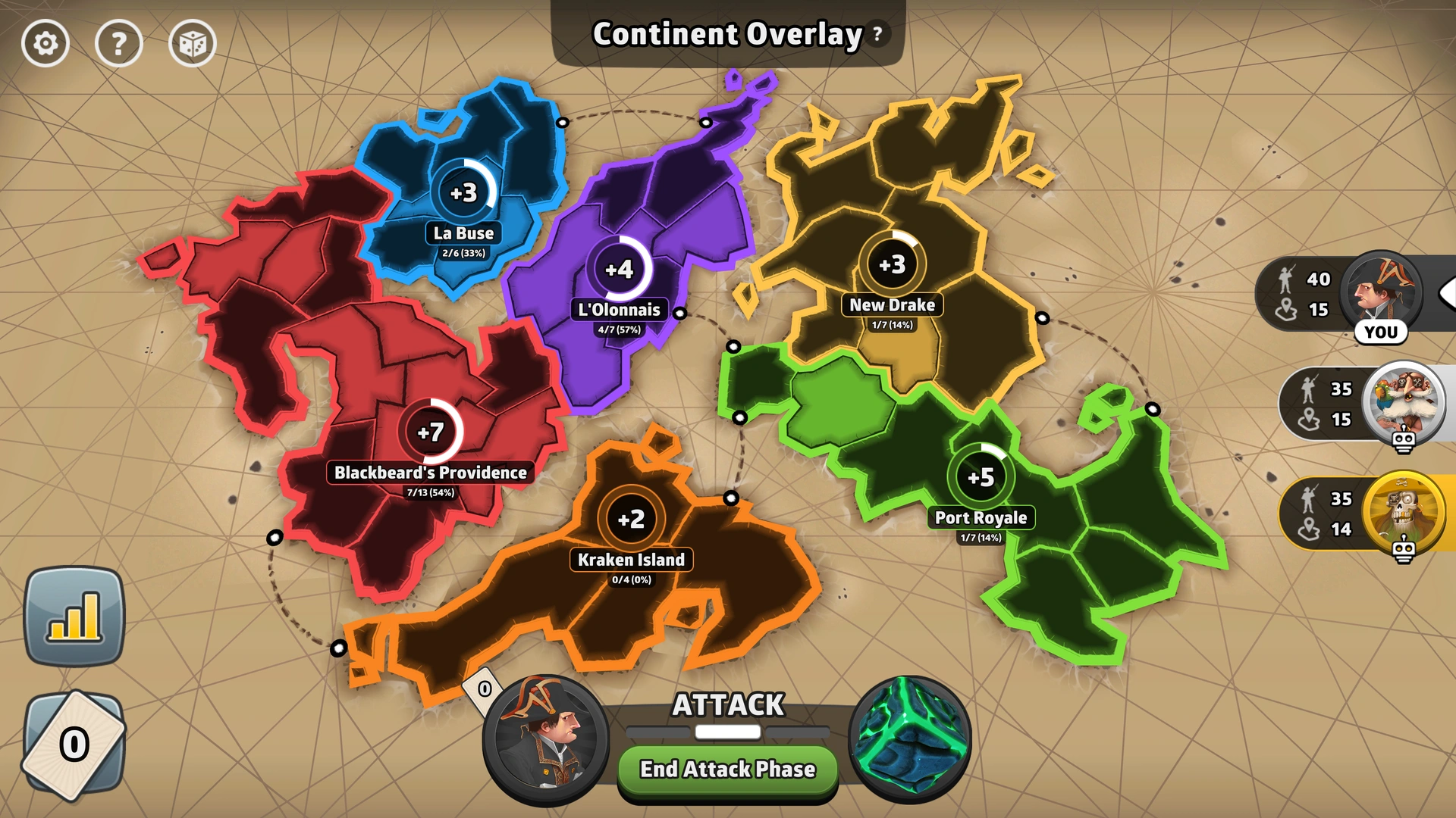 Blackbeard's Wrath map from Risk: Global Domination, displaying key regions and troop bonuses.