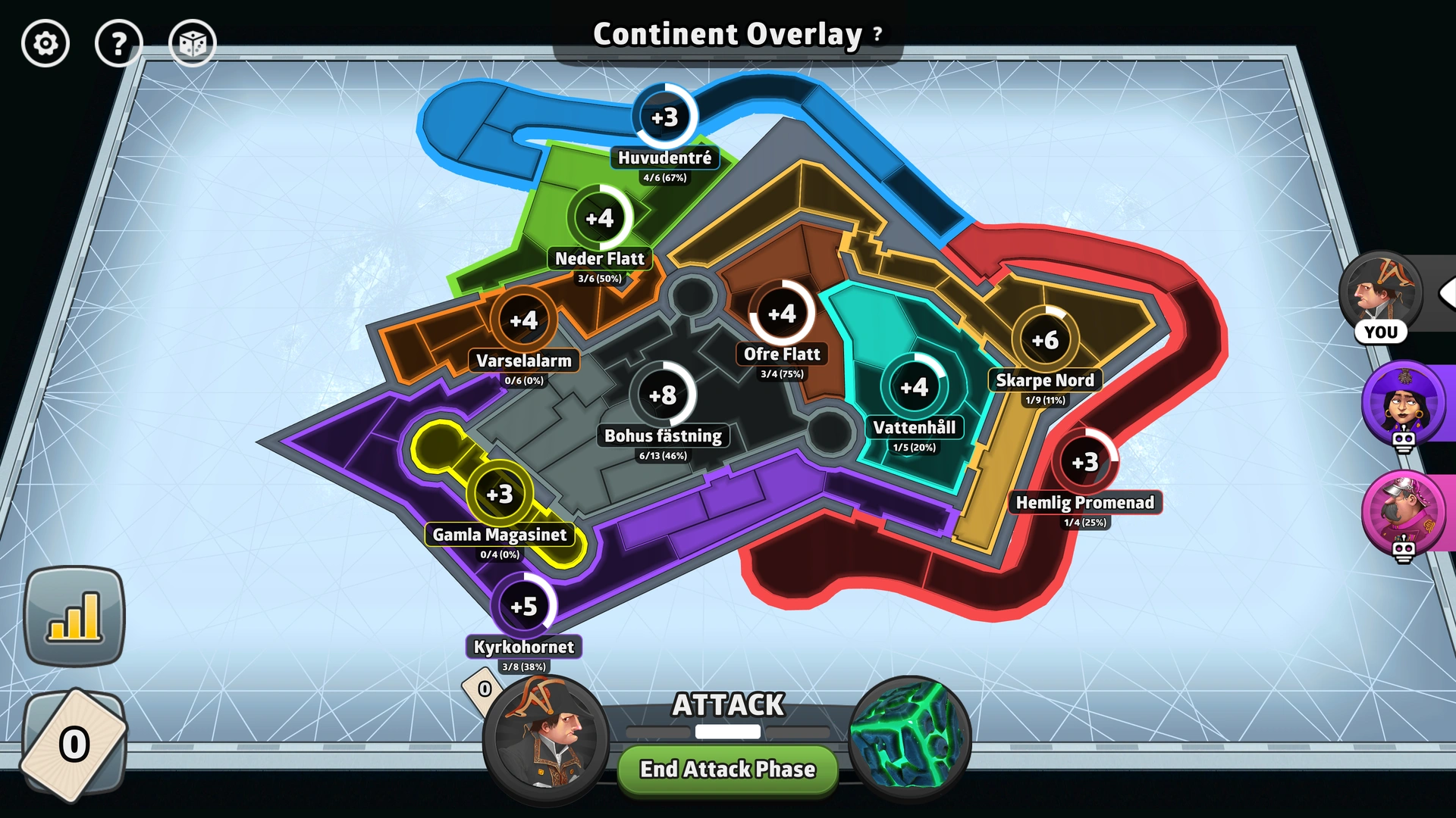 Bohus Fortress map from Risk: Global Domination, displaying key regions and troop bonuses.