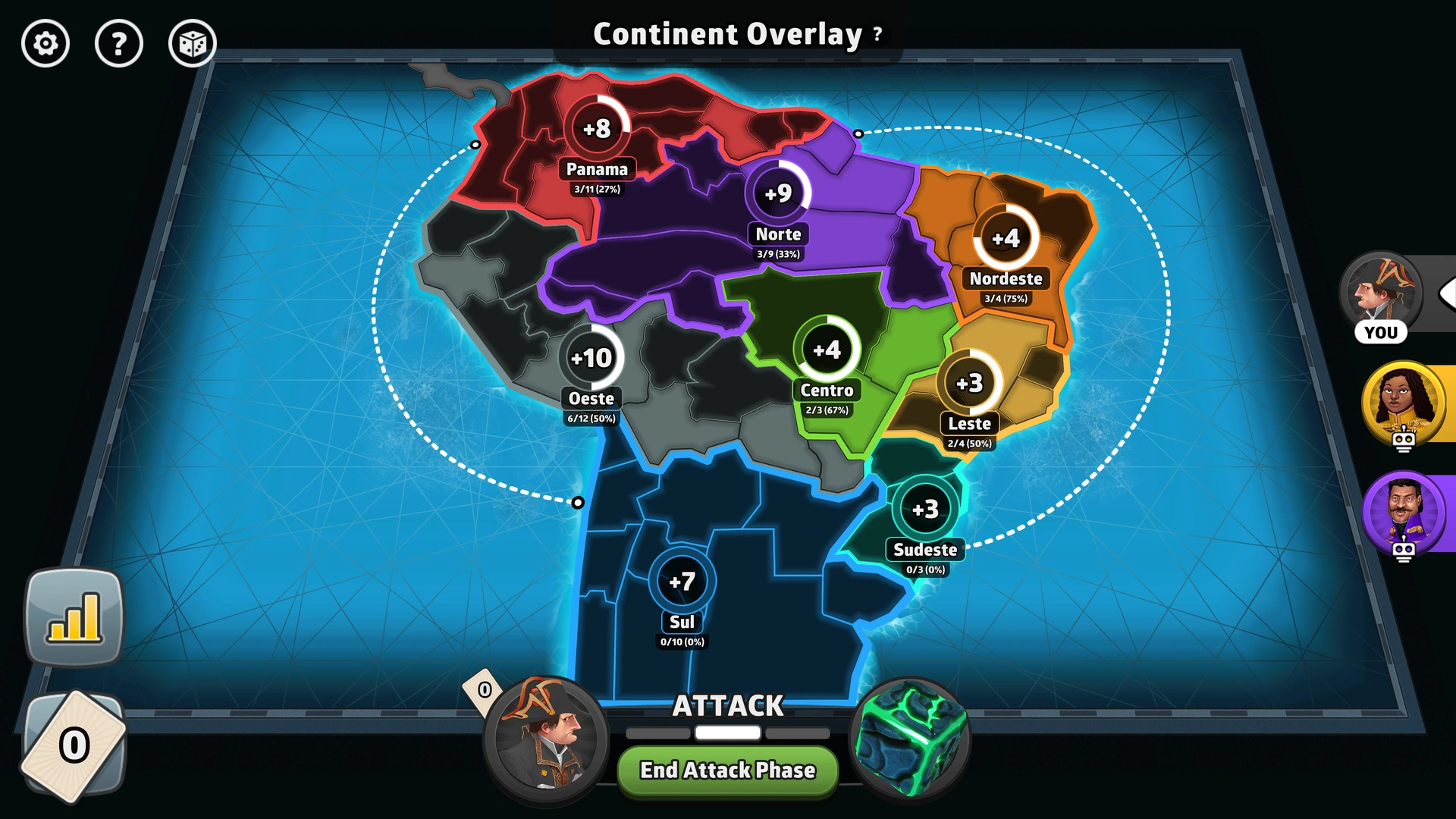 Brazil Advanced map from Risk: Global Domination, displaying key regions and troop bonuses.