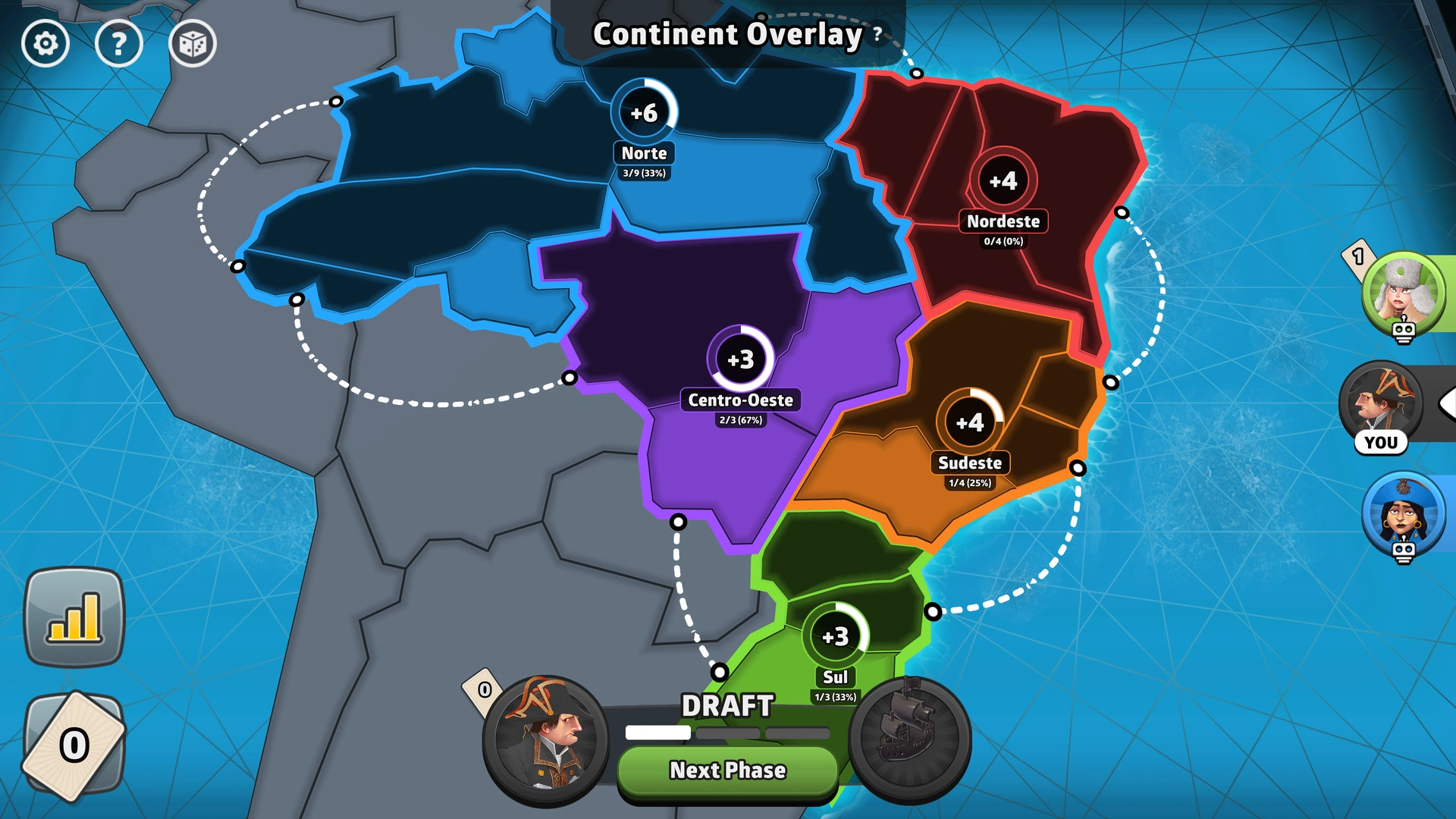 Brazil map from Risk: Global Domination, displaying key regions and troop bonuses.