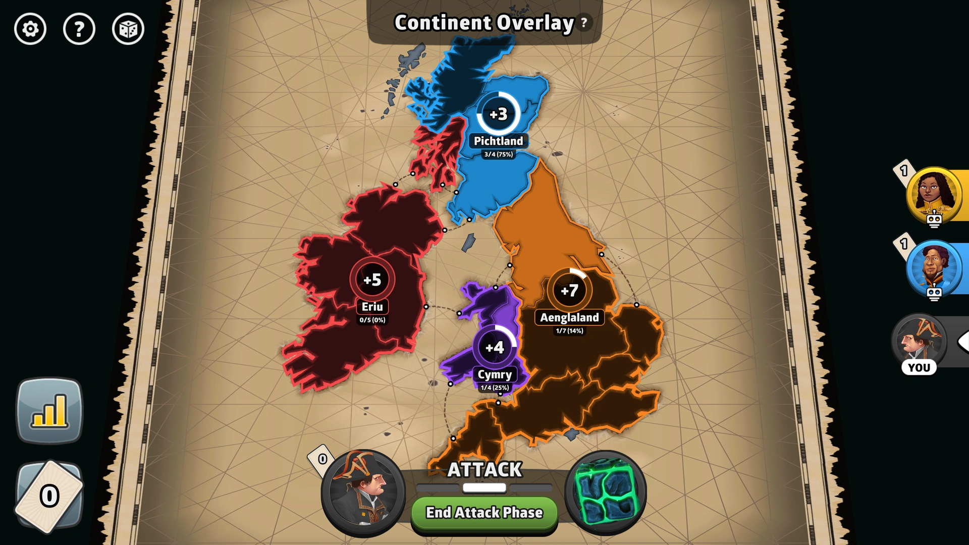 Britannia map from Risk: Global Domination, displaying key regions and troop bonuses.