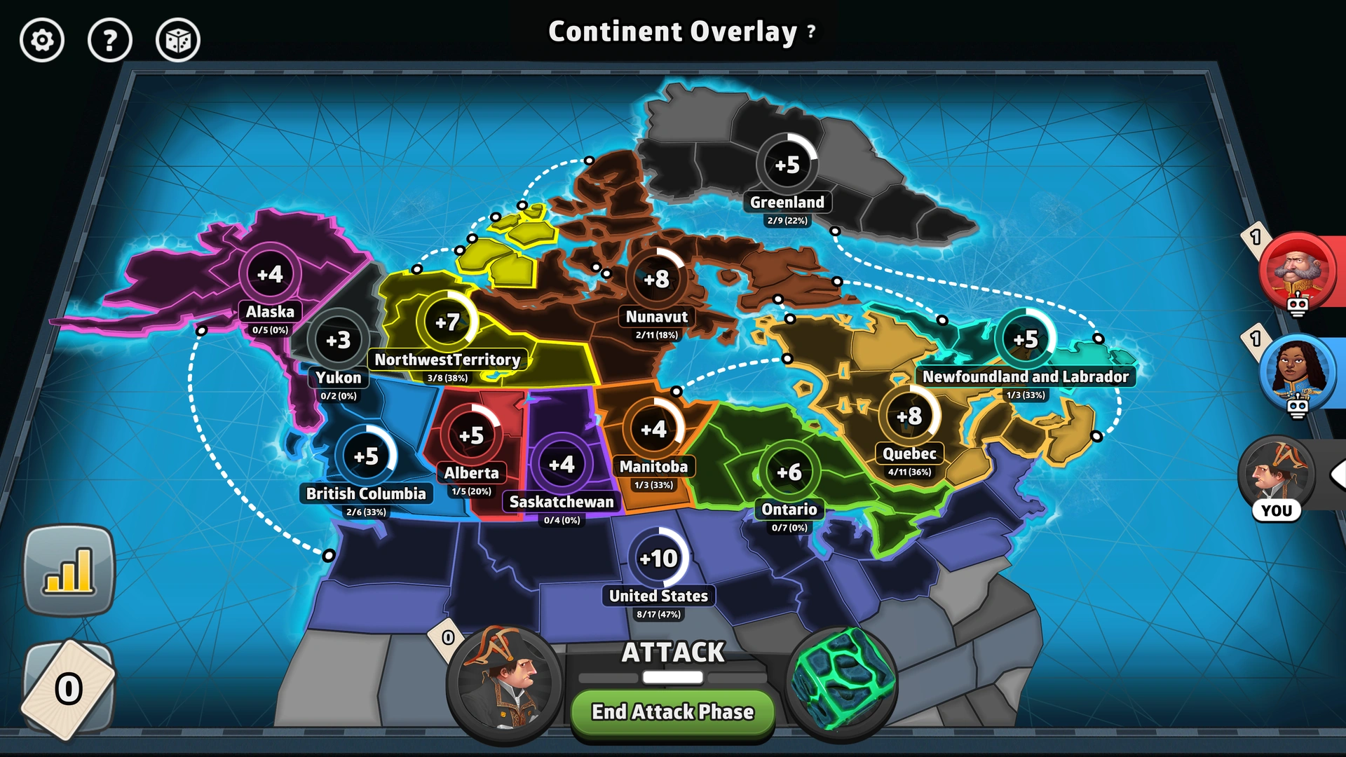 Canada Advanced map from Risk: Global Domination, displaying key regions and troop bonuses.