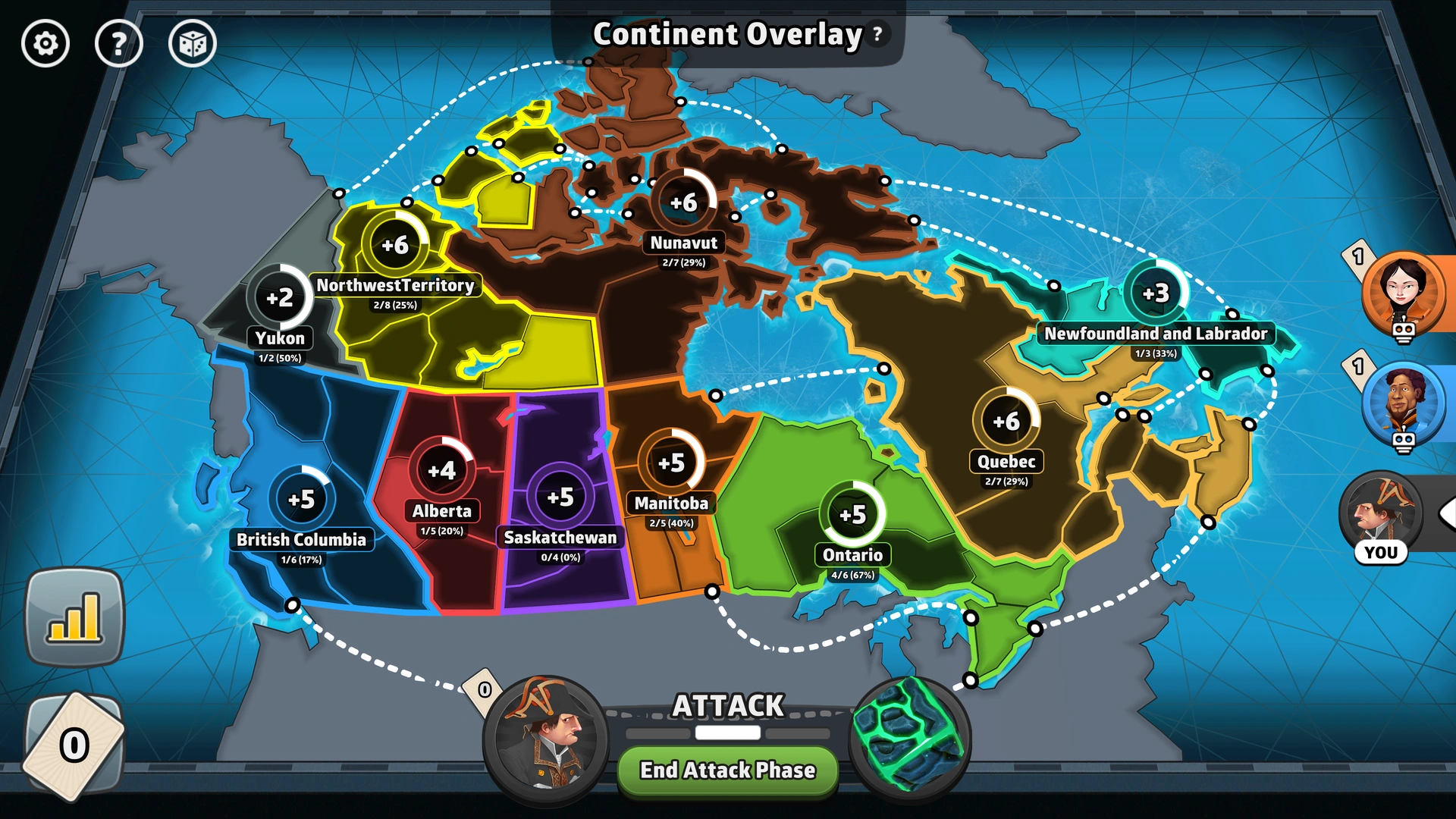 Canada map from Risk: Global Domination, displaying key regions and troop bonuses.