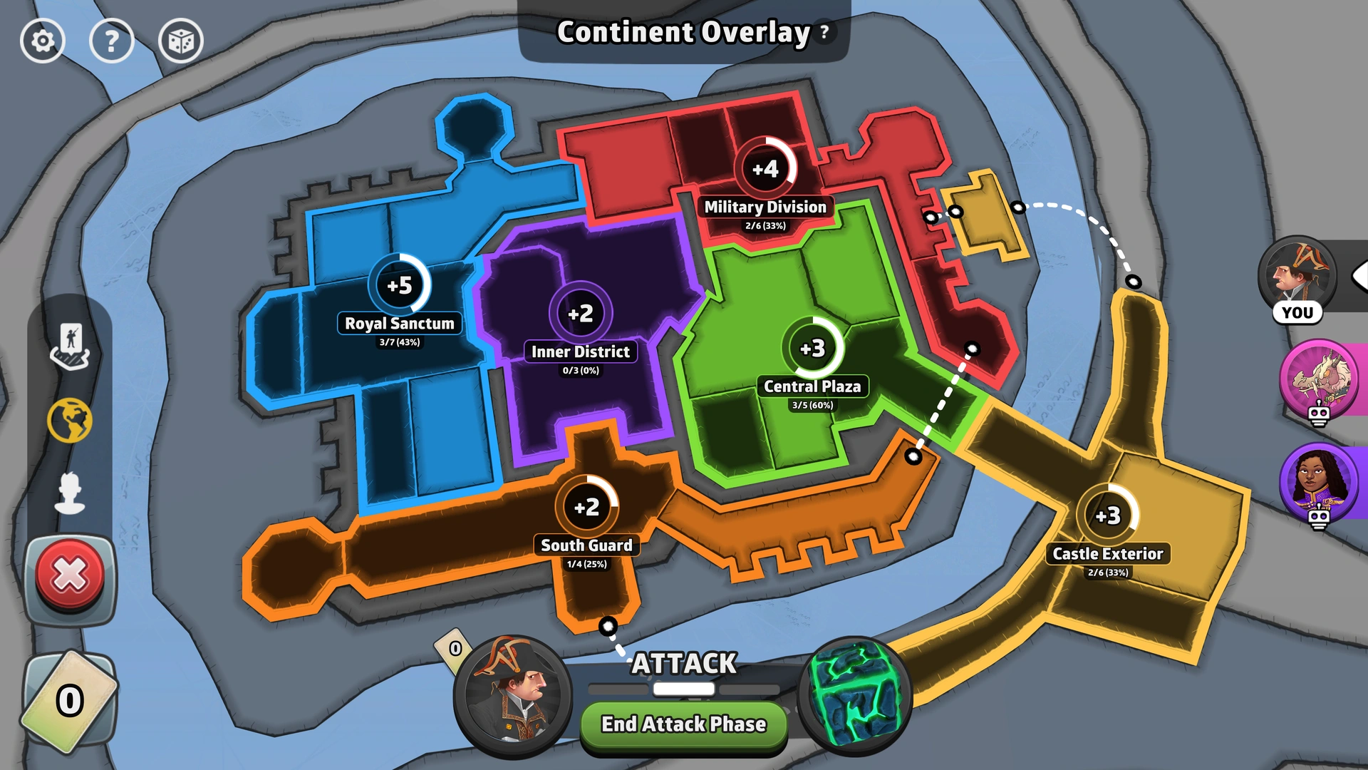 Castle map from Risk: Global Domination, displaying key regions and troop bonuses.