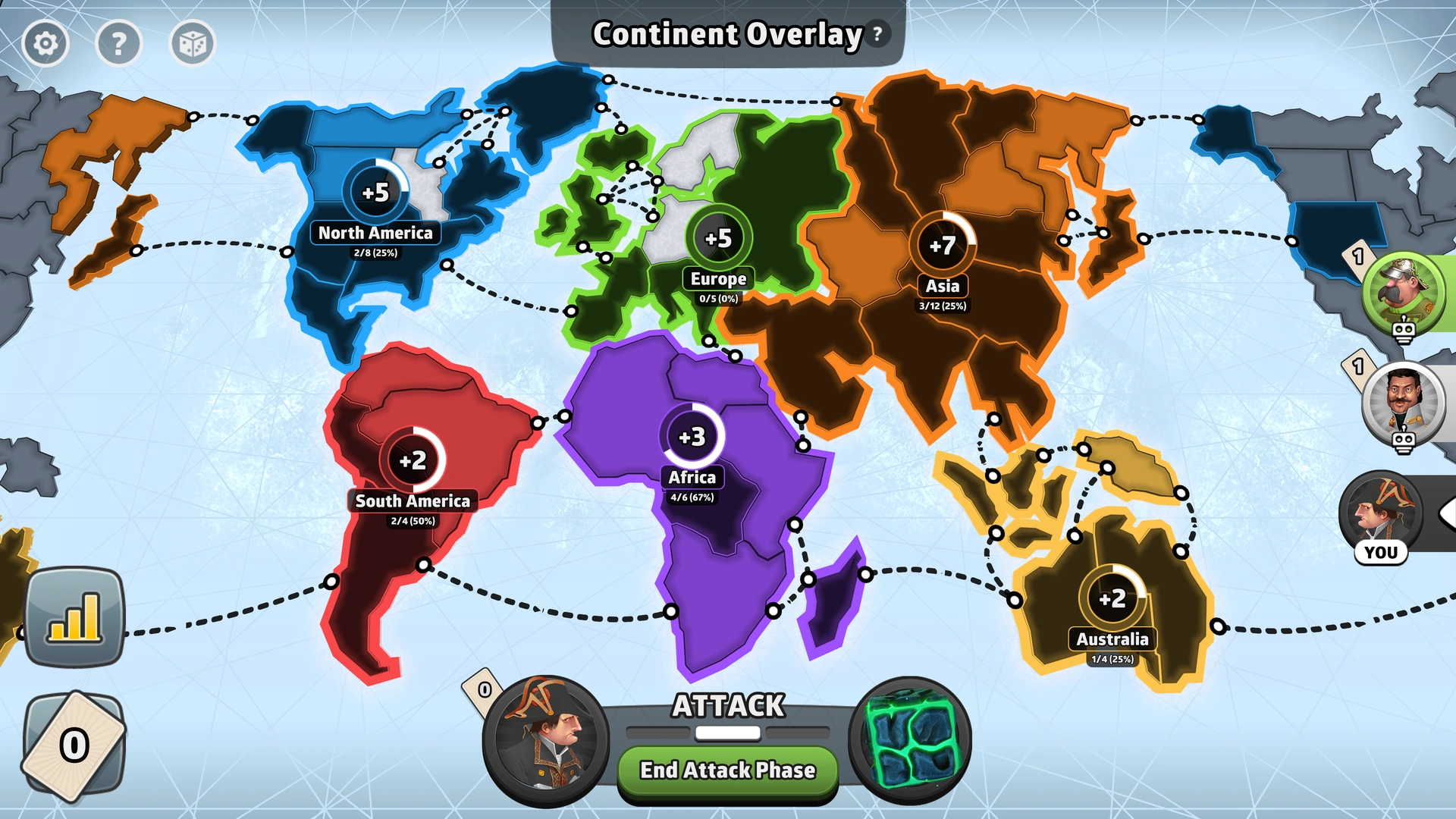 Classic Frozen map from Risk: Global Domination, displaying key continents and troop bonuses.