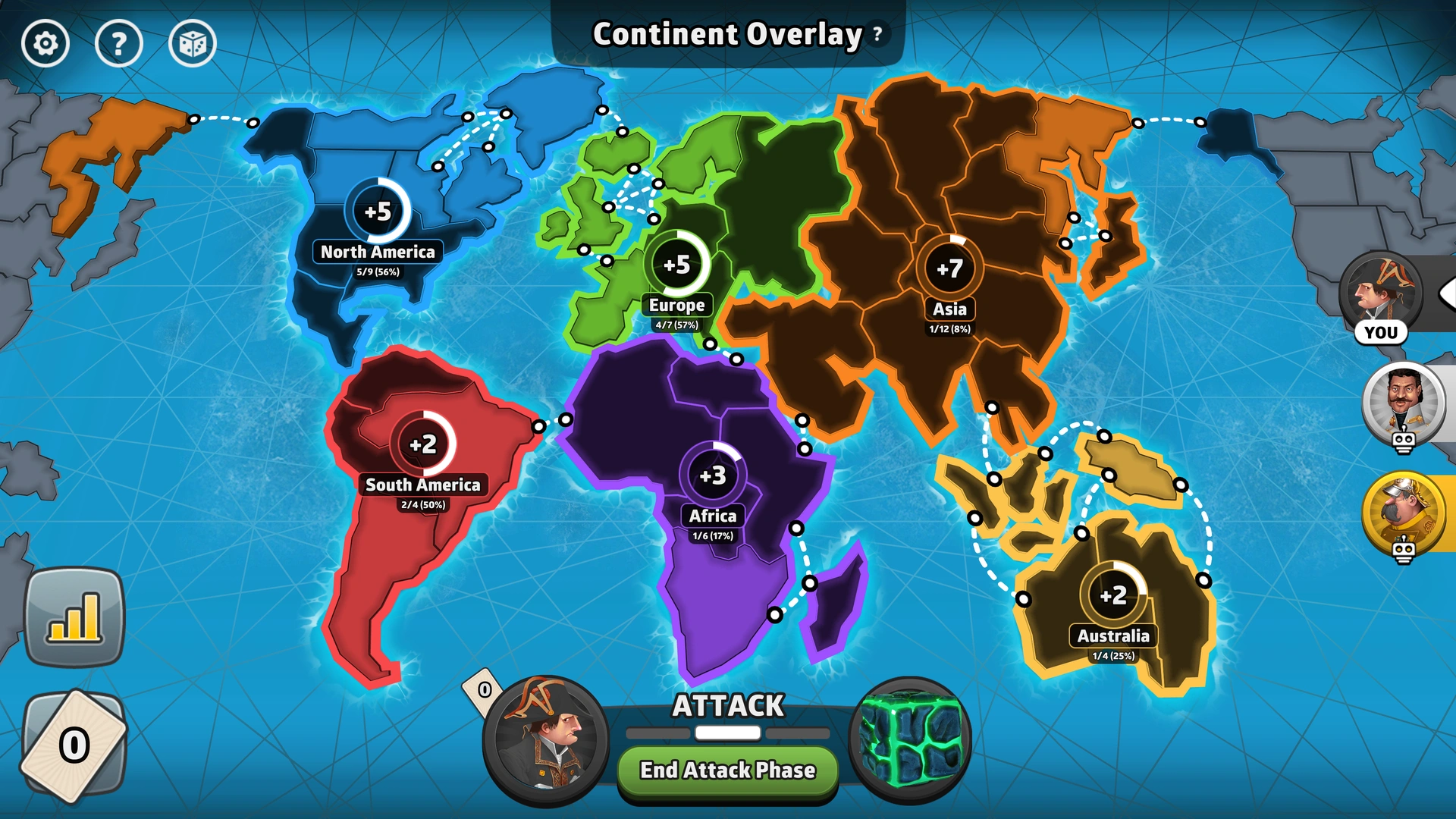 Classic map from Risk: Global Domination, displaying key continents and troop bonuses.