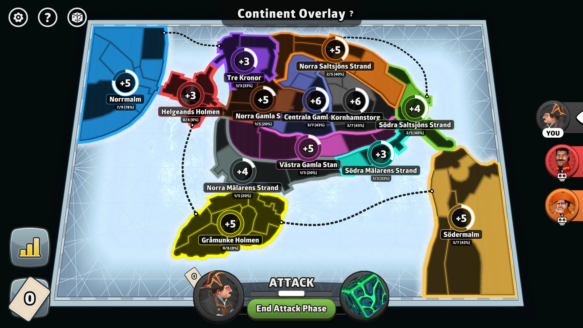 Conquest of Stockholm map from Risk: Global Domination, displaying key regions and troop bonuses.