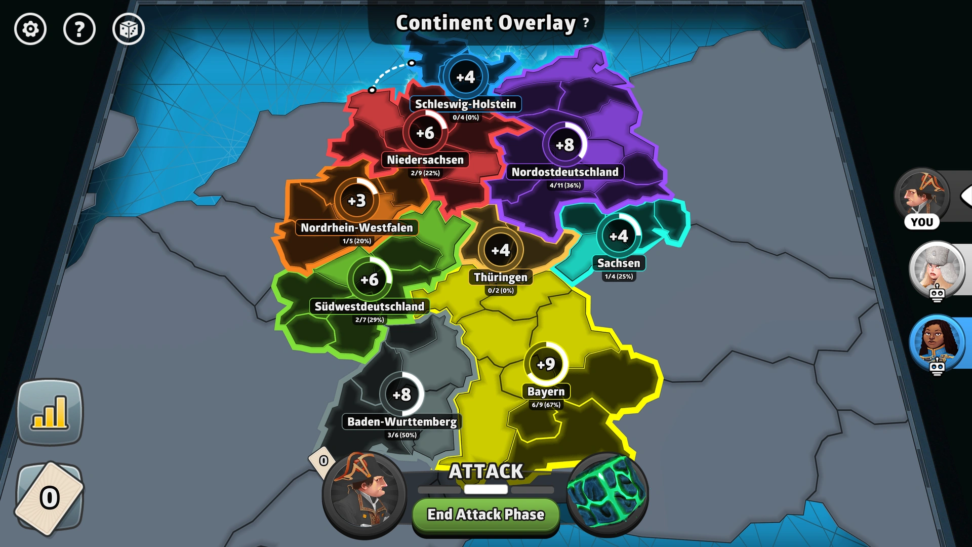 Deutschland map from Risk: Global Domination, displaying key regions and troop bonuses.