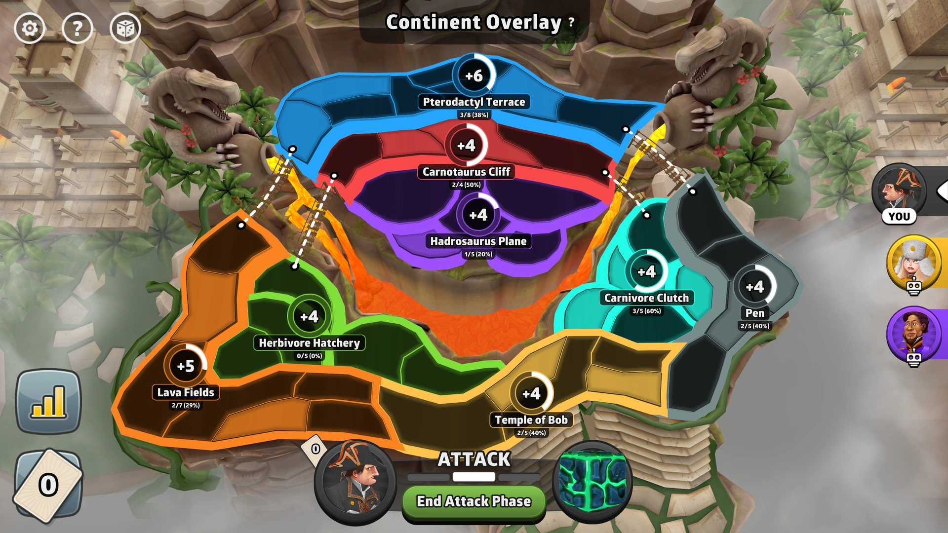 Dino Canyon map from Risk: Global Domination, displaying key regions and troop bonuses.