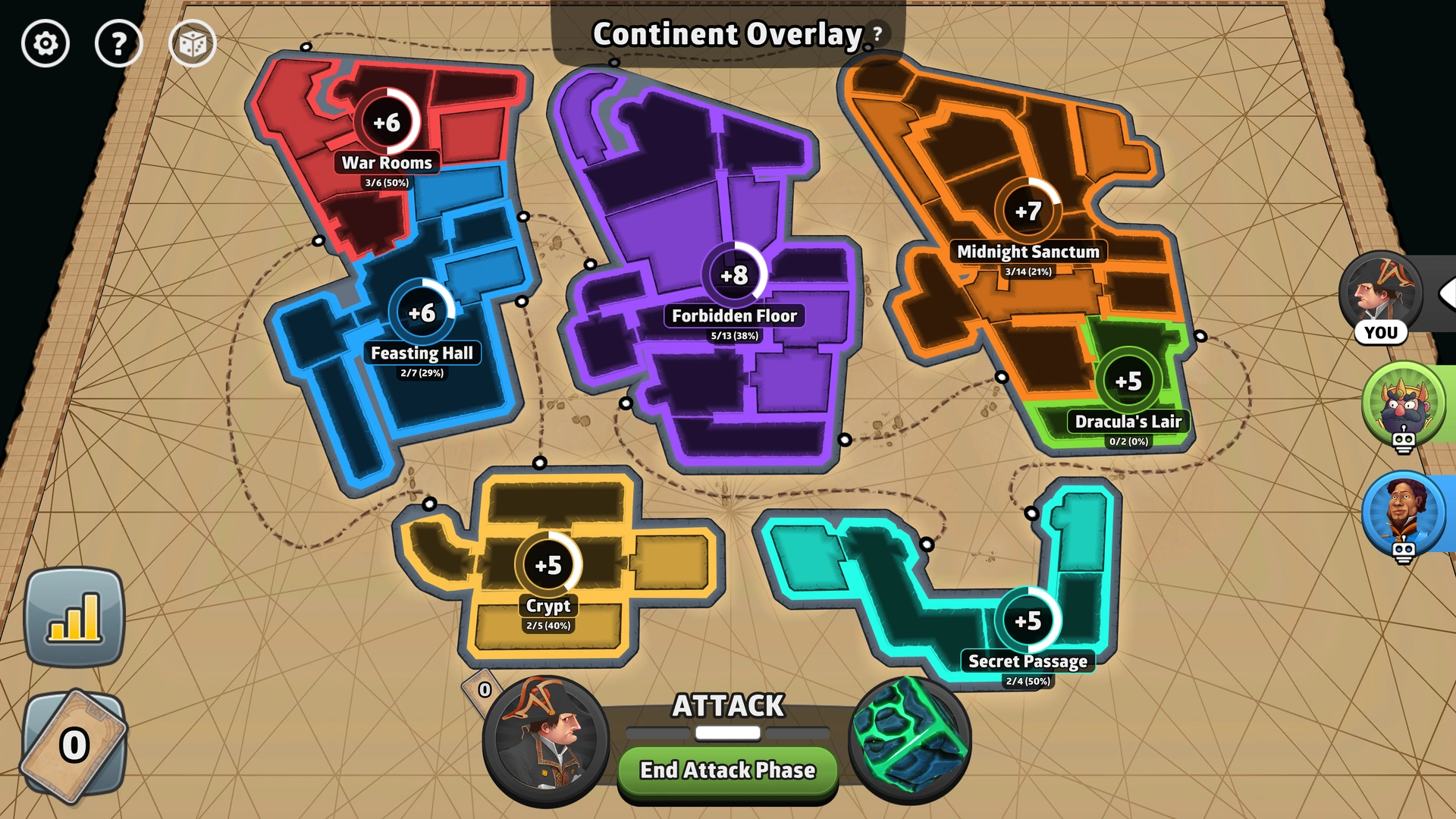 Dracula's Castle map from Risk: Global Domination, displaying key regions and troop bonuses.