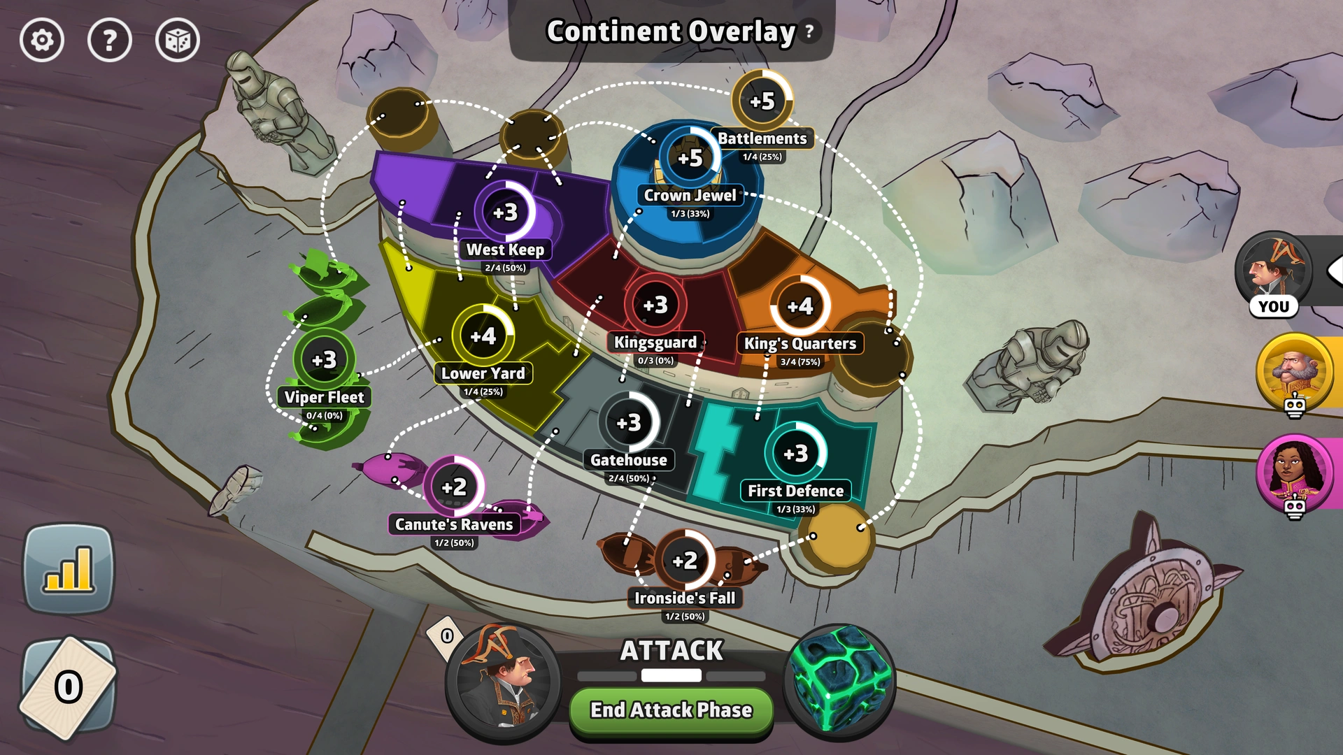 End of the King map from Risk: Global Domination, displaying key regions and troop bonuses.