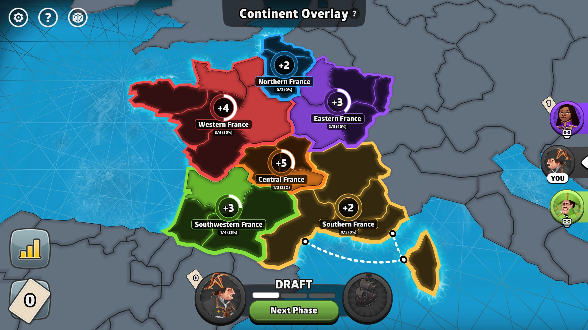 French Revolution map from Risk: Global Domination, displaying key regions and troop bonuses.