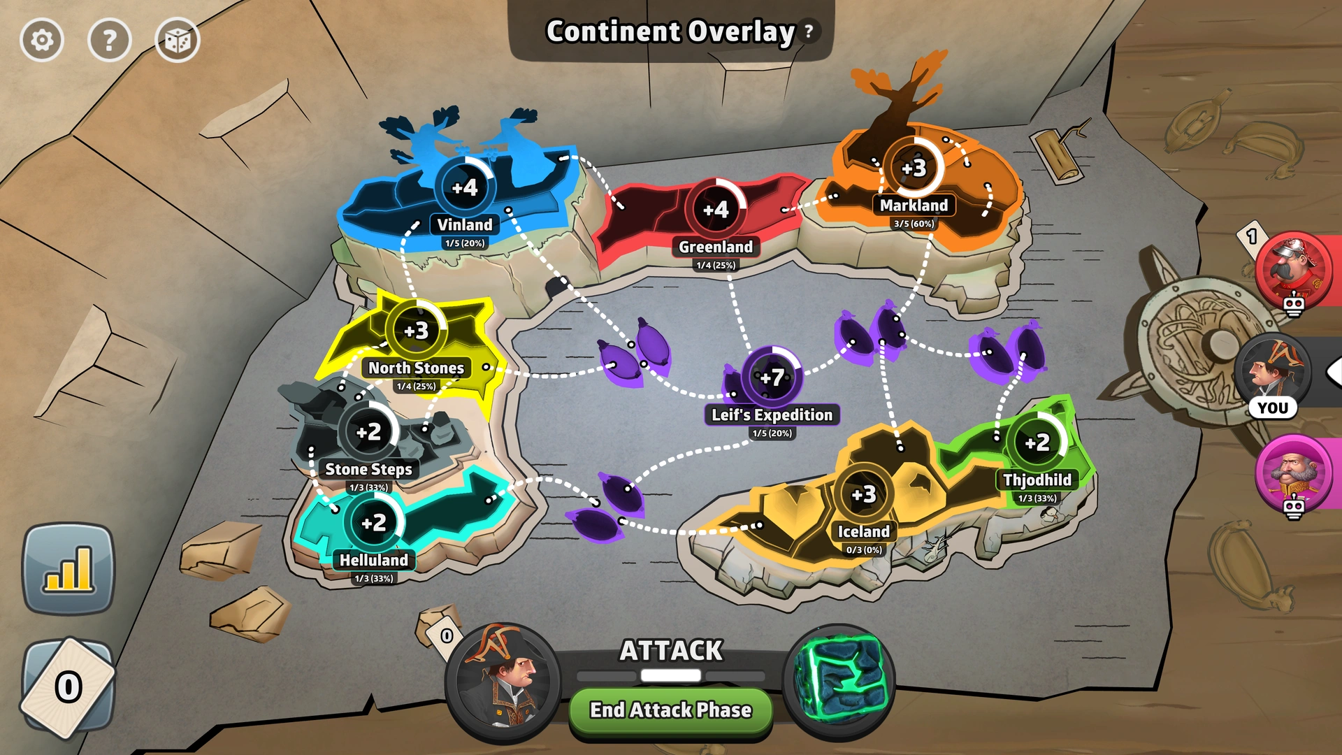 Greenland Saga map from Risk: Global Domination, displaying regions with troop bonuses.