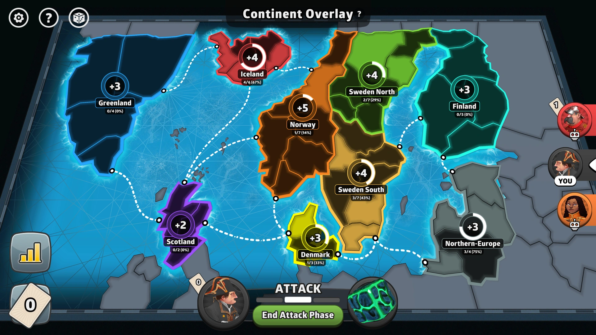 Grip of the North map from Risk: Global Domination, displaying regions with troop bonuses.