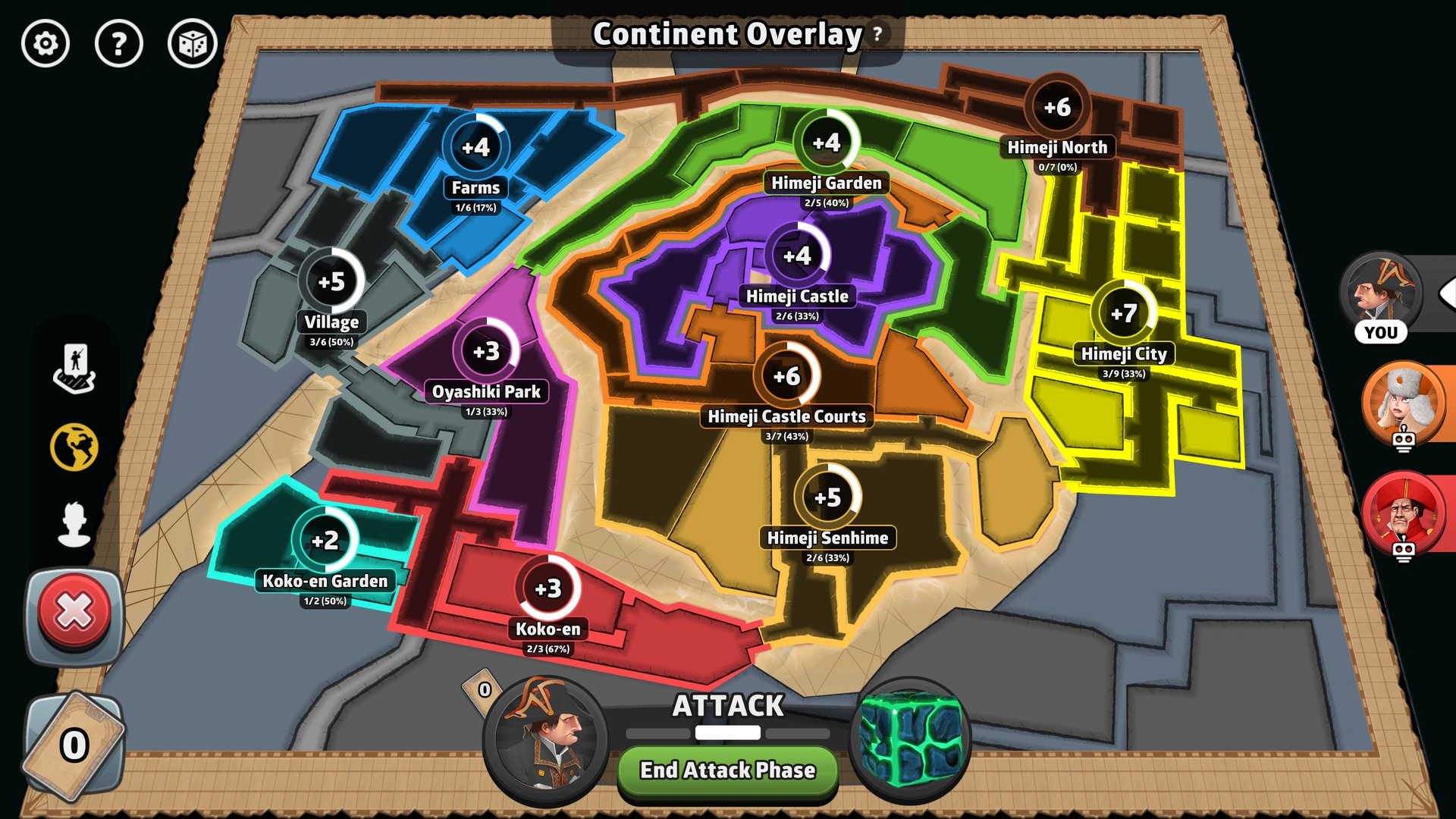 Himeji Castle map from Risk: Global Domination, displaying regions with troop bonuses.