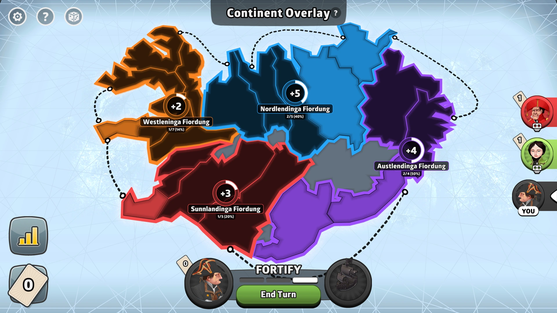 Icelandic Skirmish map from Risk: Global Domination, displaying regions with troop bonuses.