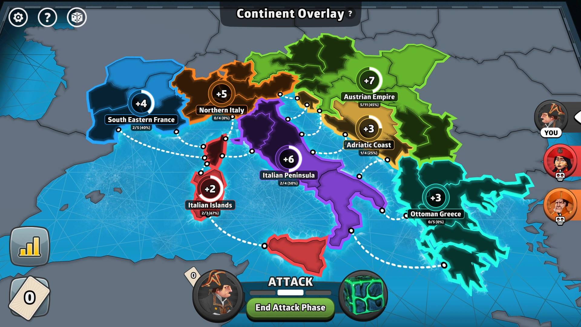 Italian Conquest map from Risk: Global Domination, displaying regions with troop bonuses.