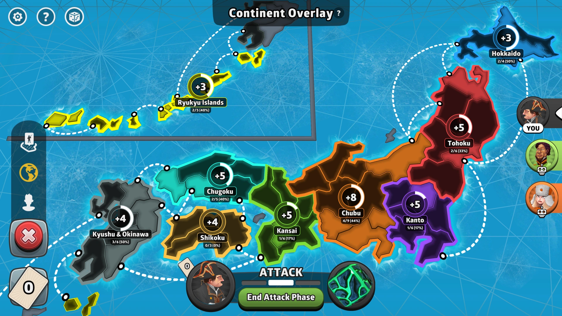 Japan map from Risk: Global Domination, displaying regions with troop bonuses.