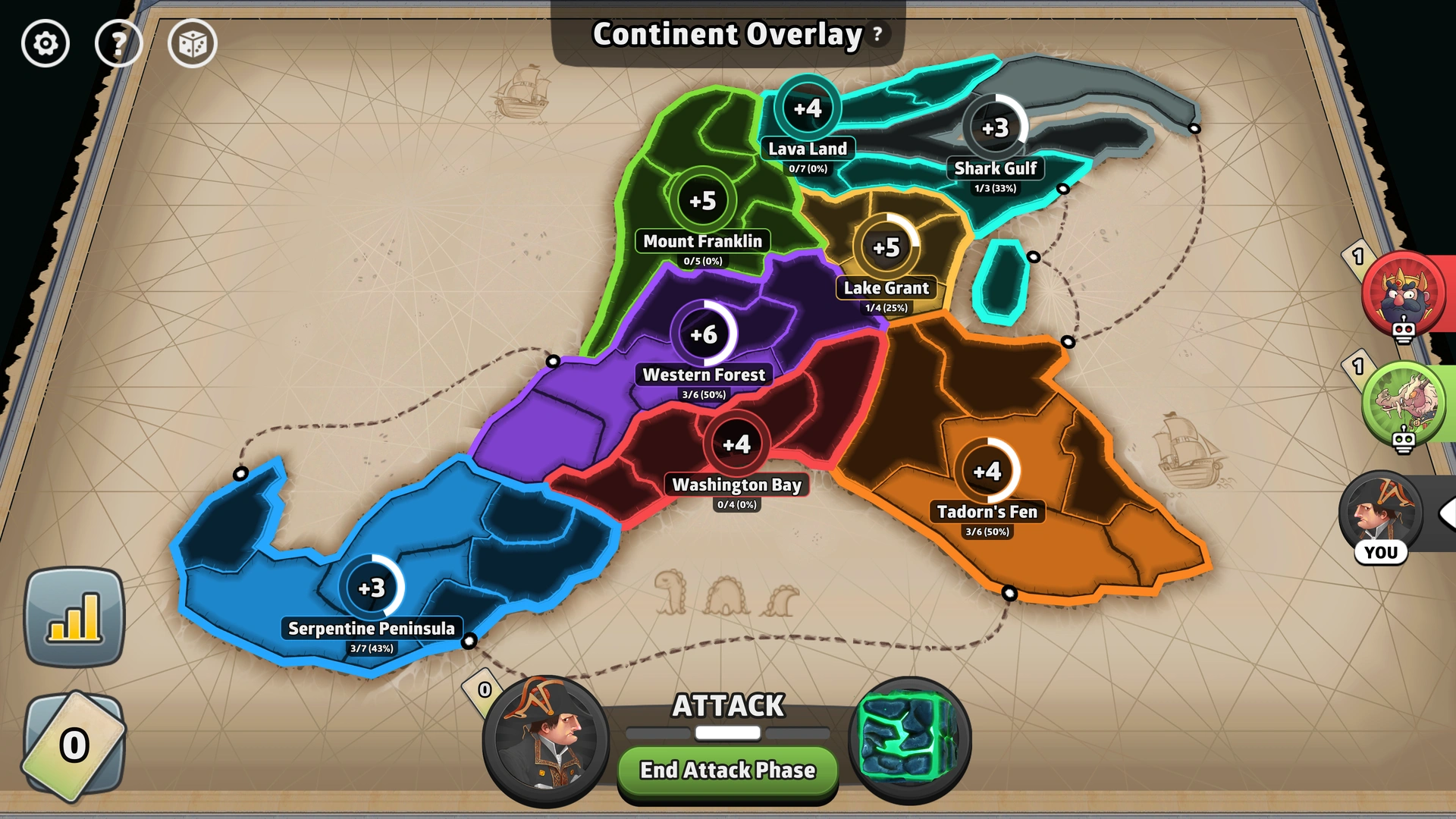 Jules Verne's Mysterious Island map from Risk: Global Domination, displaying regions with troop bonuses.