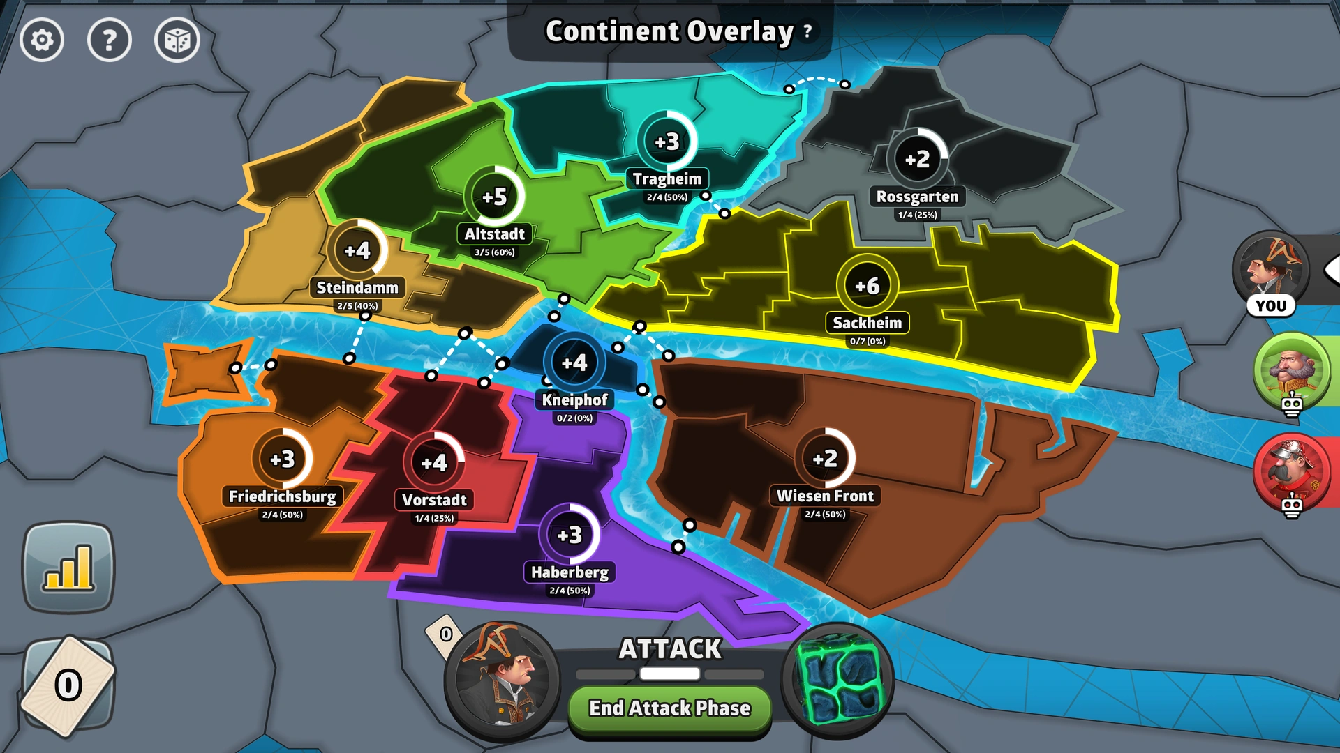 Koenigsberg's Siege map from Risk: Global Domination, displaying regions with troop bonuses.