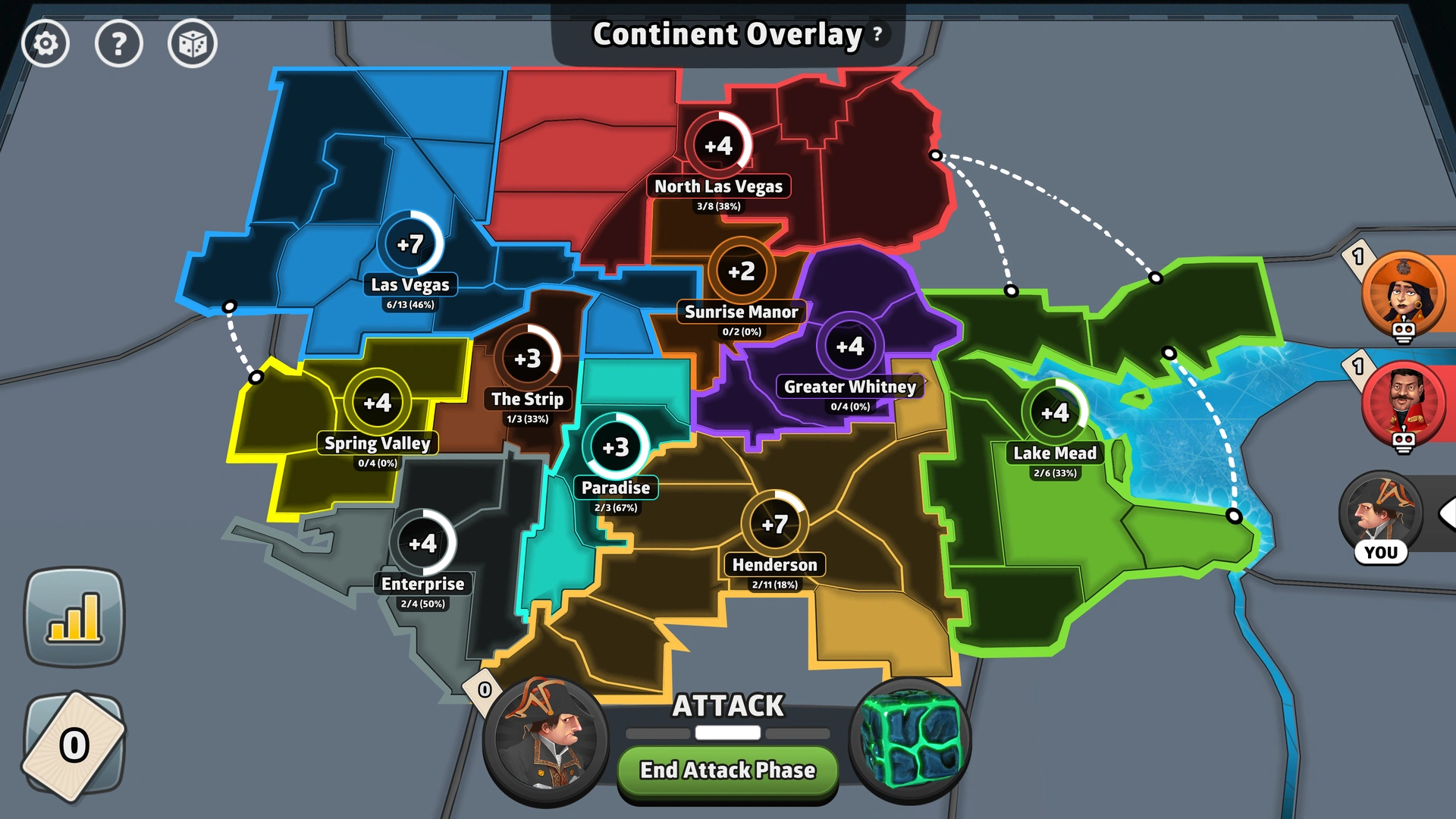 Las Vegas, Nevada map from Risk: Global Domination, displaying regions with troop bonuses.