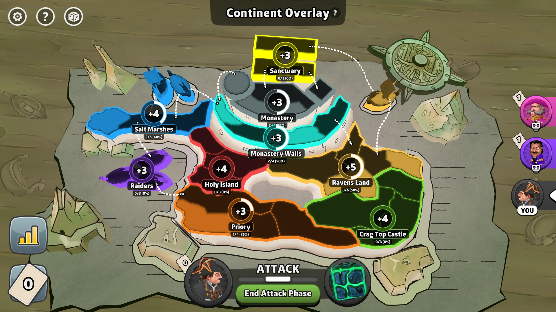 Lindisfarne Raid map from Risk: Global Domination, displaying regions with troop bonuses.