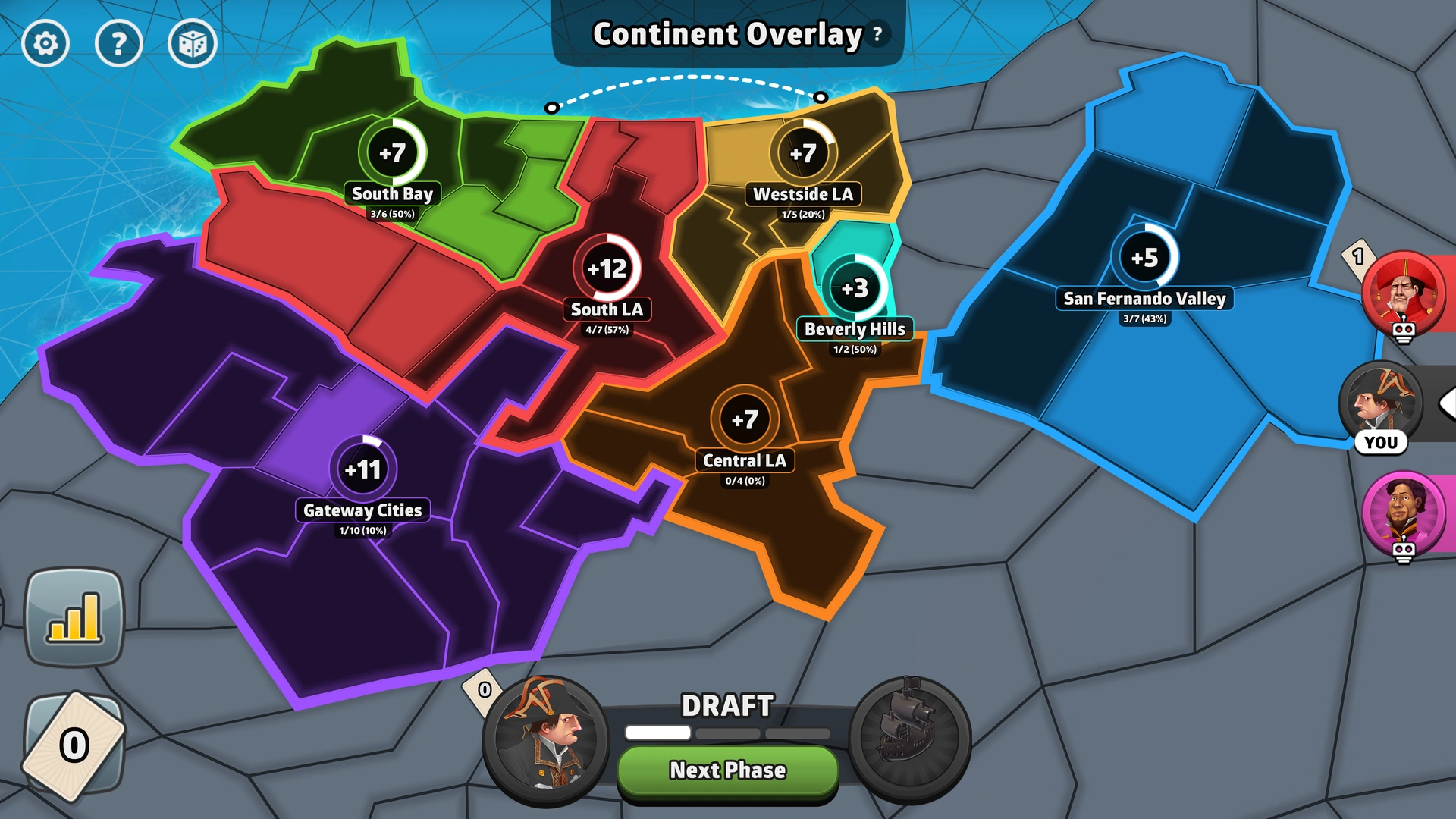 Los Angeles map from Risk: Global Domination, displaying regions with troop bonuses.