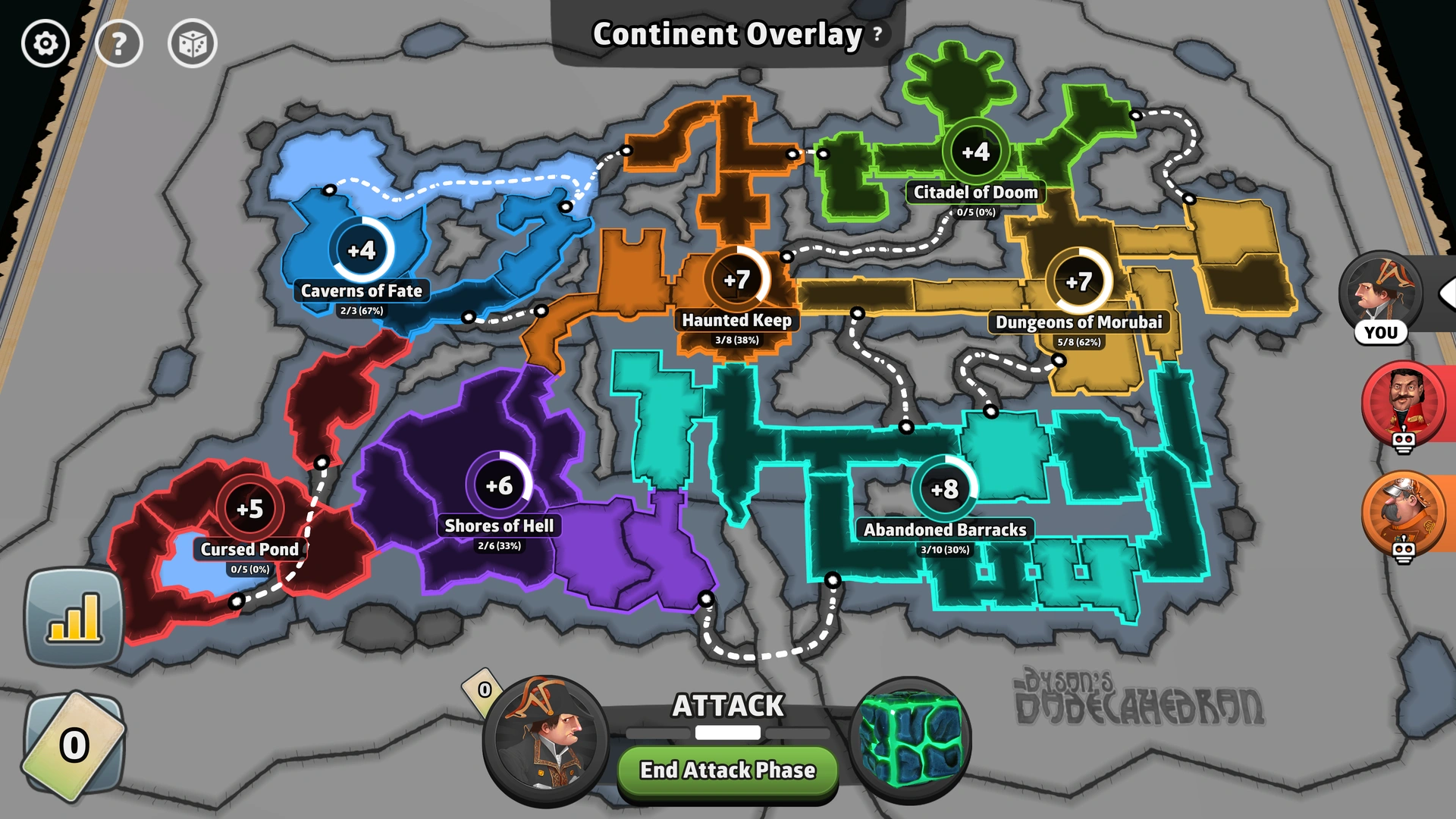 Lost Temple map from Risk: Global Domination, displaying regions with troop bonuses.