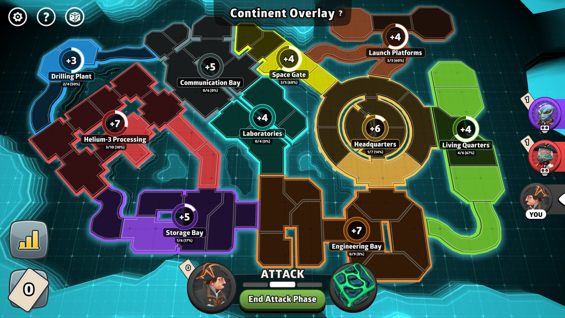 Lunar Mining Facility map from Risk: Global Domination, displaying regions with troop bonuses.