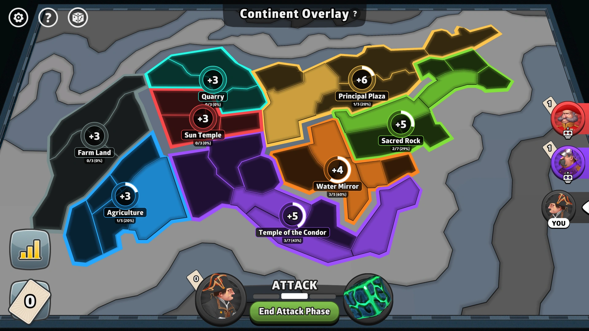 Machu Picchu map from Risk: Global Domination, displaying key regions and troop bonuses.