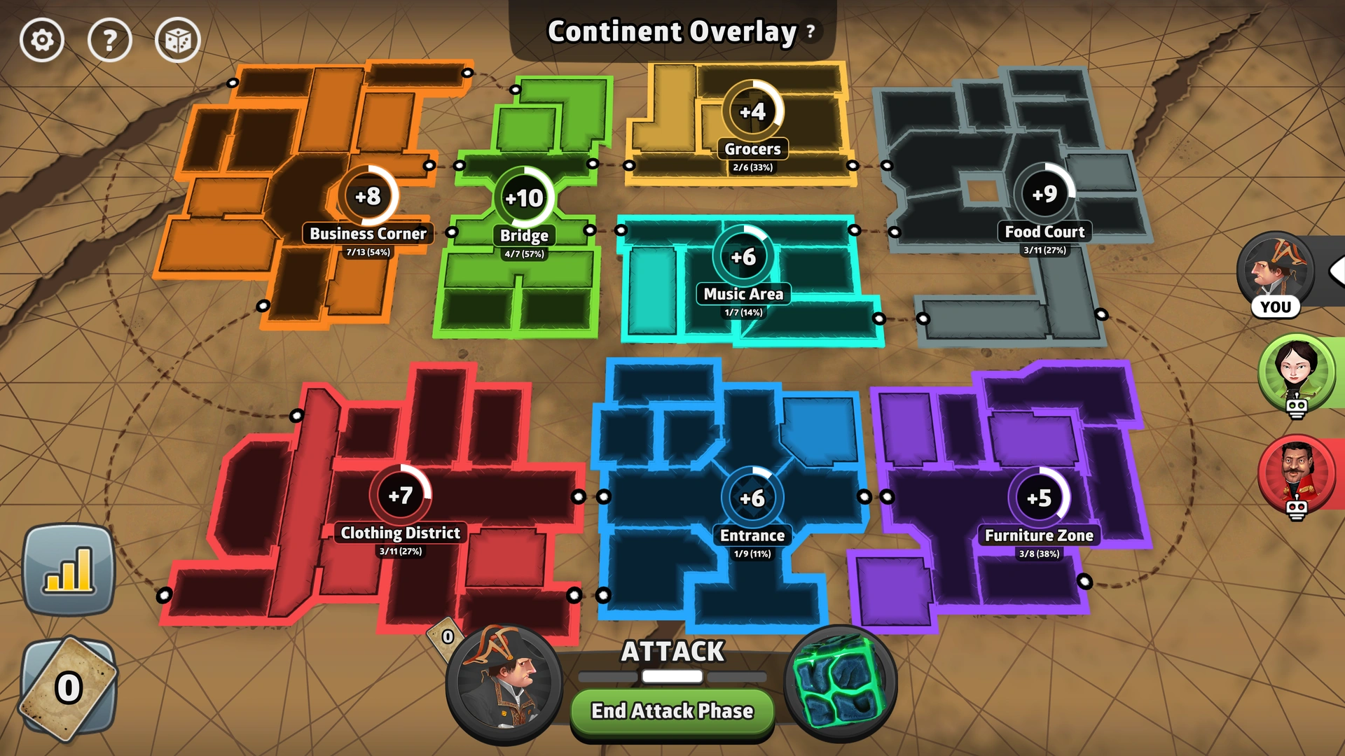 Mall of the Dead map from Risk: Global Domination, displaying key regions and troop bonuses.