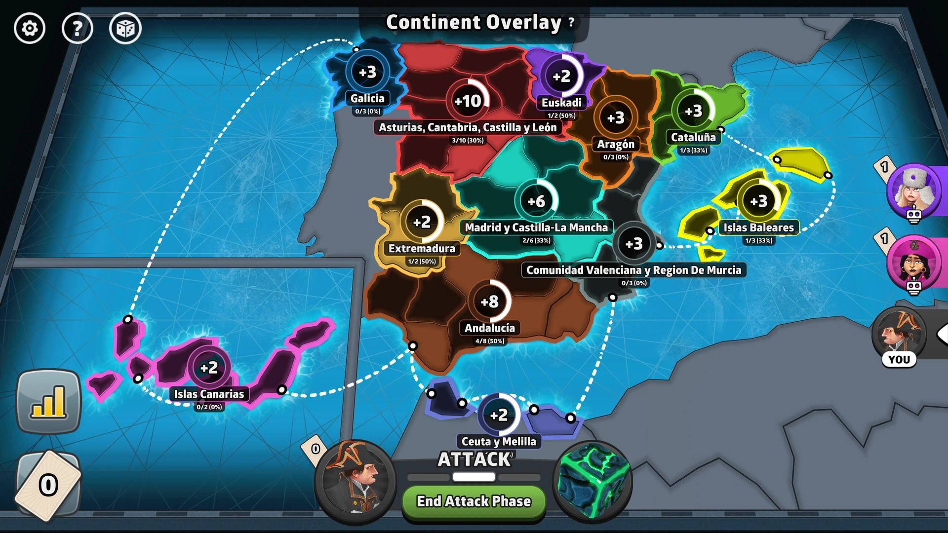 Modern Spain map from Risk: Global Domination, displaying key regions and troop bonuses.
