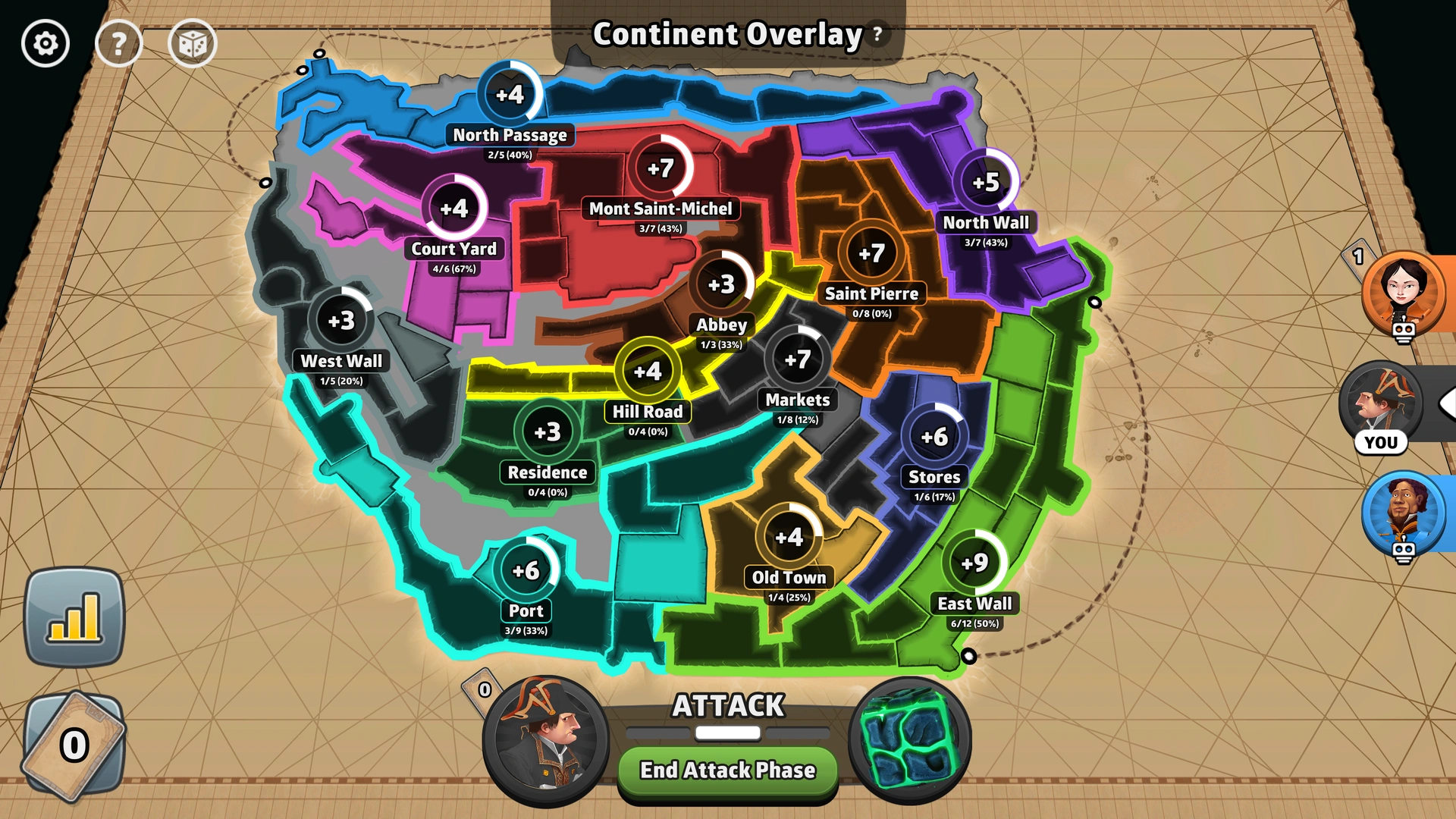 Mont Saint Michel map from Risk: Global Domination, displaying key regions and troop bonuses.