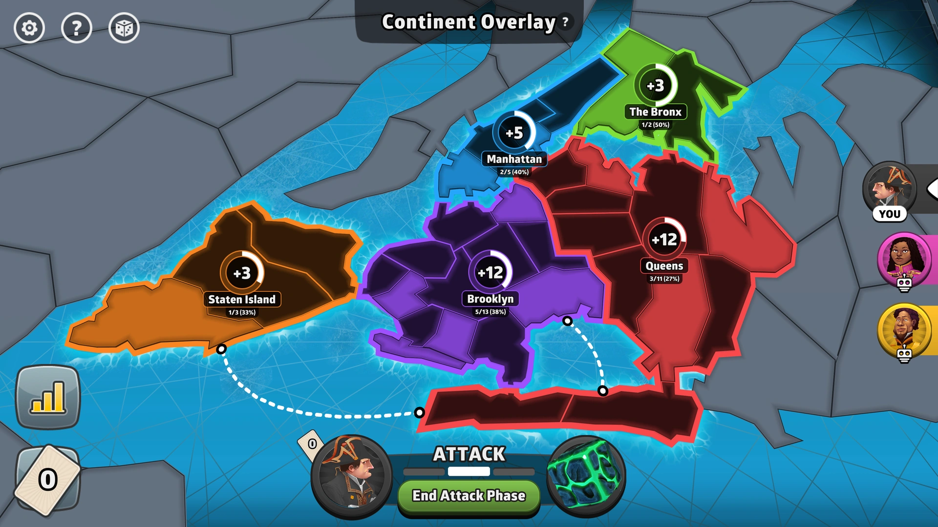 New York, New York map from Risk: Global Domination, displaying key regions and troop bonuses.