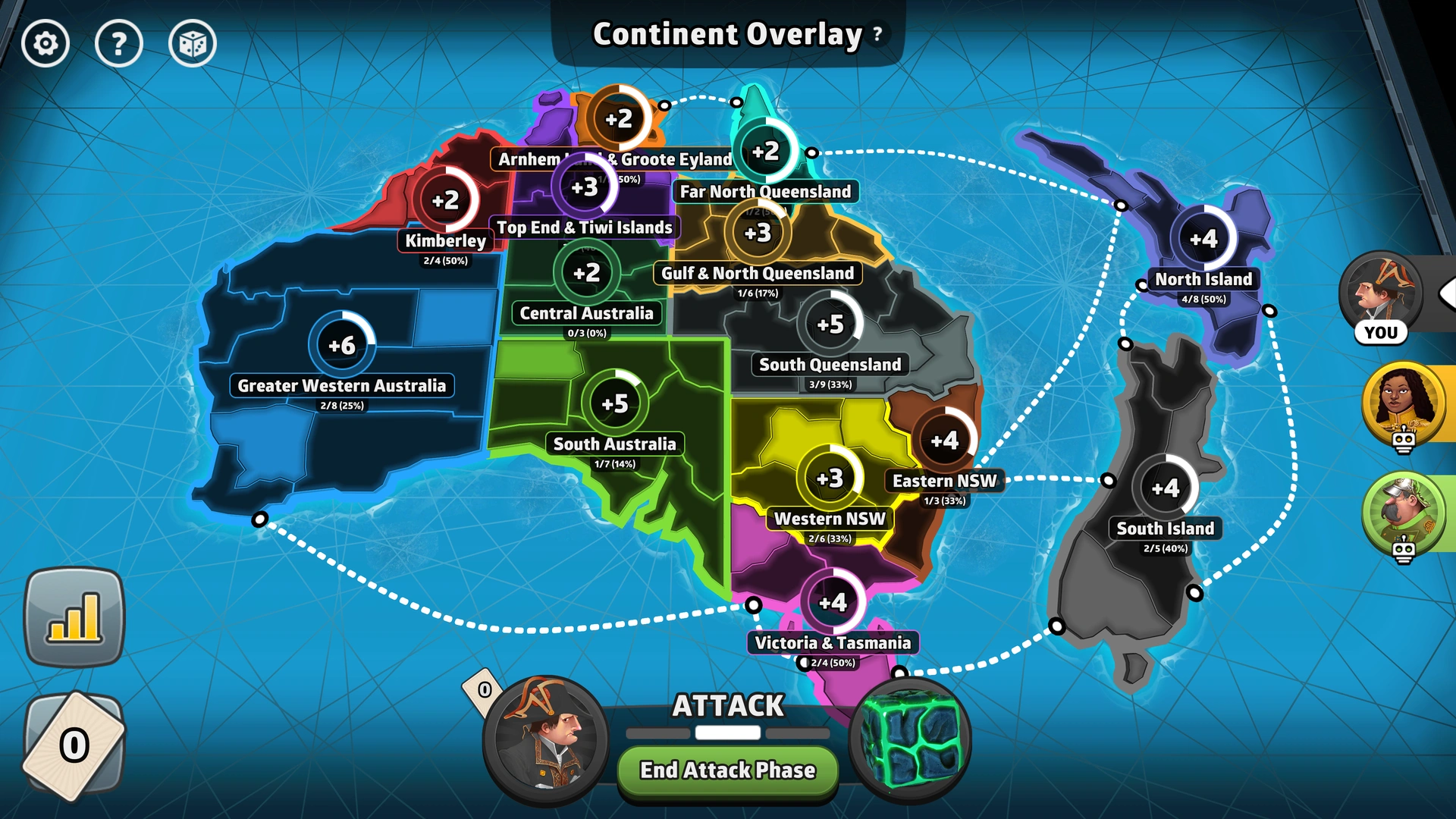 New Zealand and Australia Advanced map from Risk: Global Domination, displaying key regions and troop bonuses.