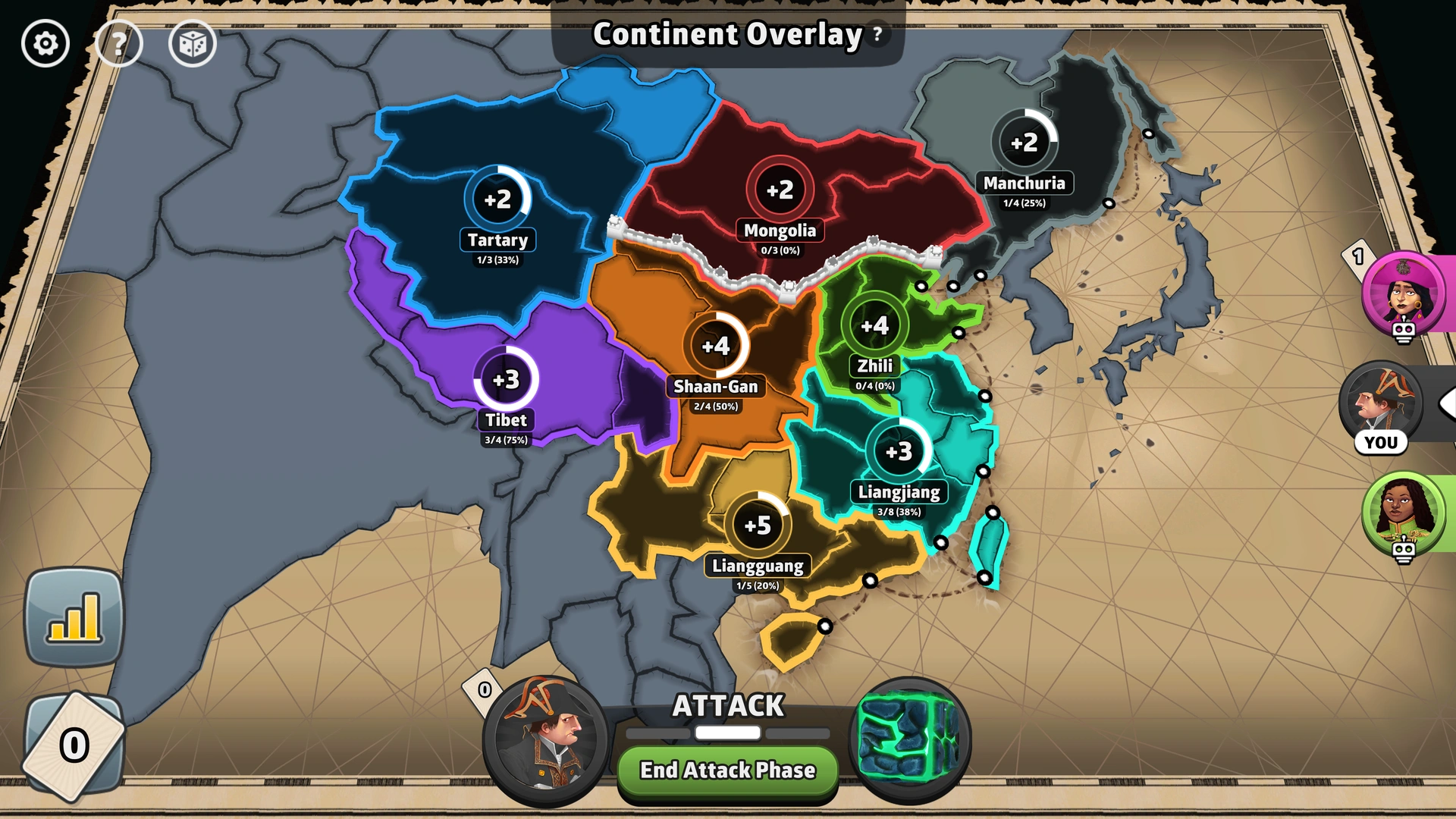 Qing Dynasty map from Risk: Global Domination, displaying key regions and troop bonuses.