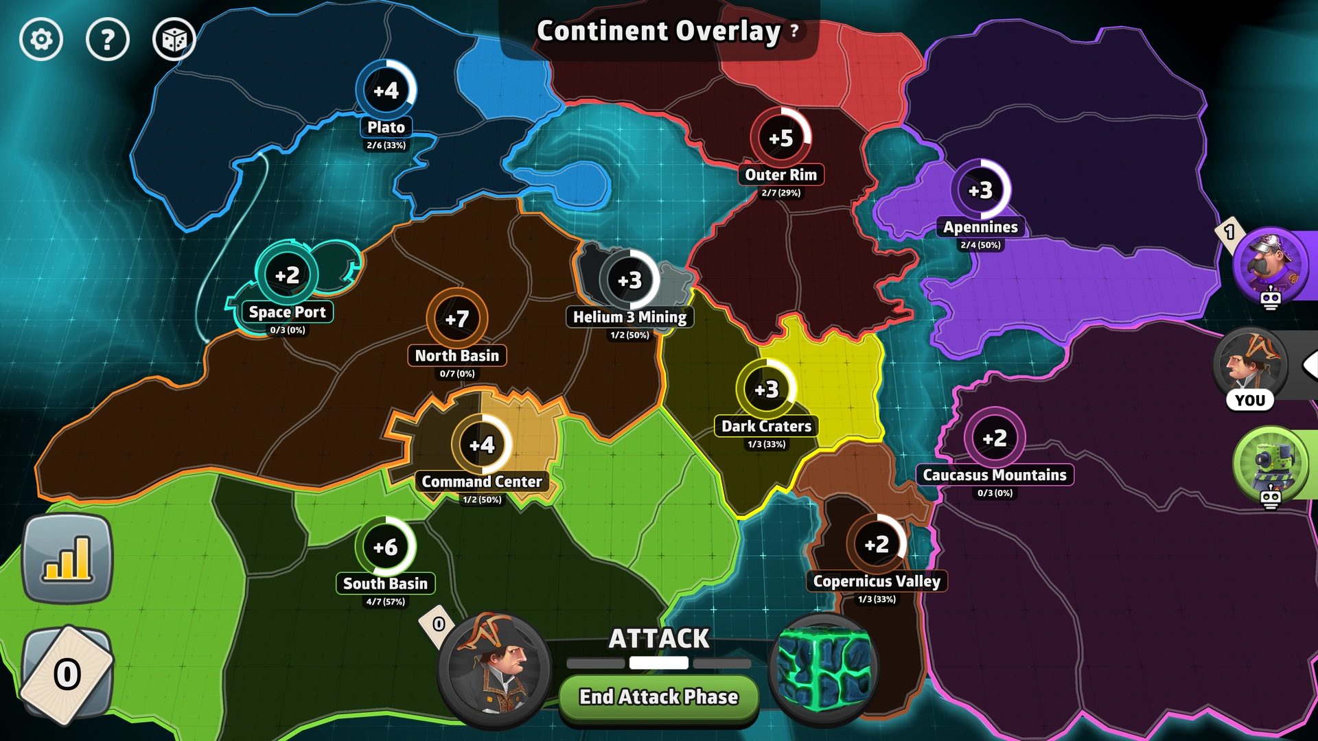 REDACTED map from Risk: Global Domination, displaying regions with troop bonuses.