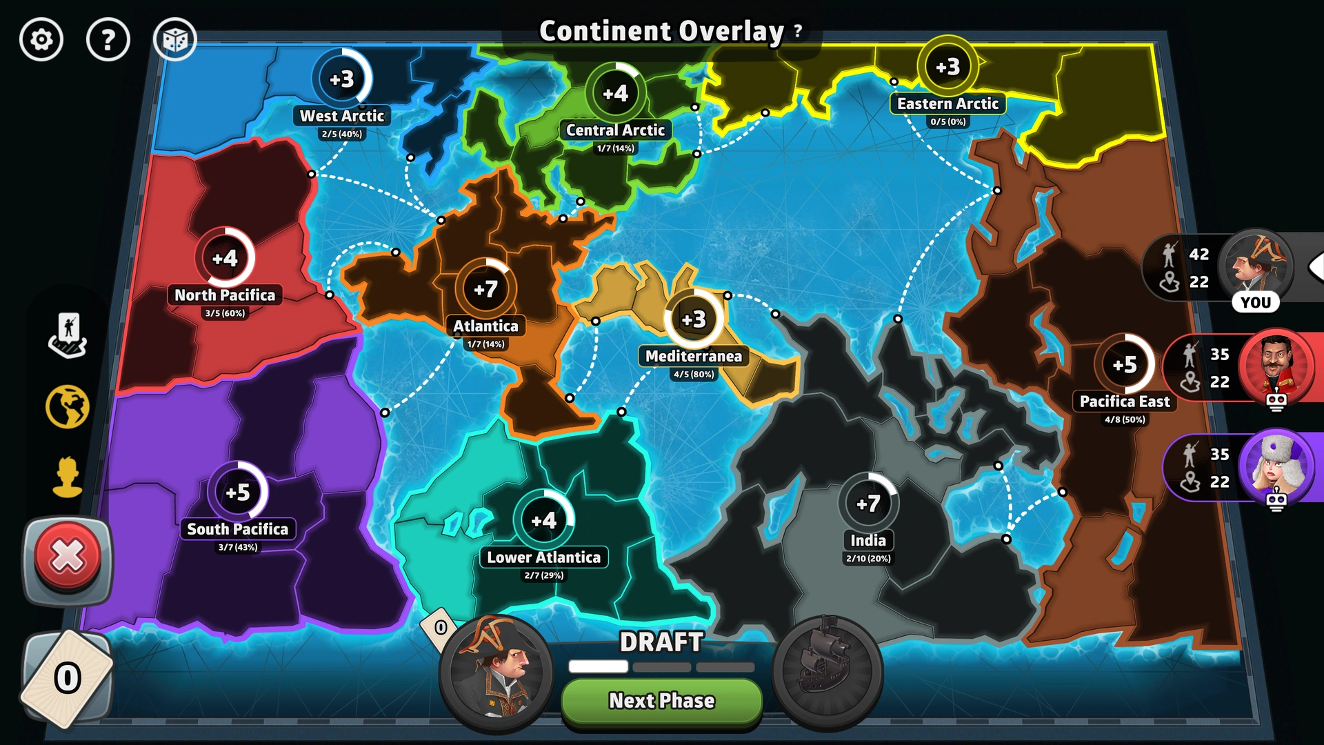 Reverse World map from Risk: Global Domination, showing its inverted continents and watery landmasses.