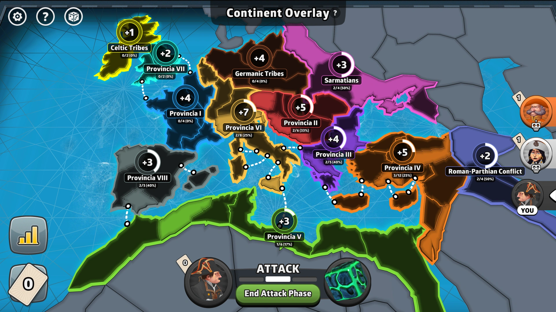 Roman Empire Advanced map from Risk: Global Domination, displaying key regions and troop bonuses.