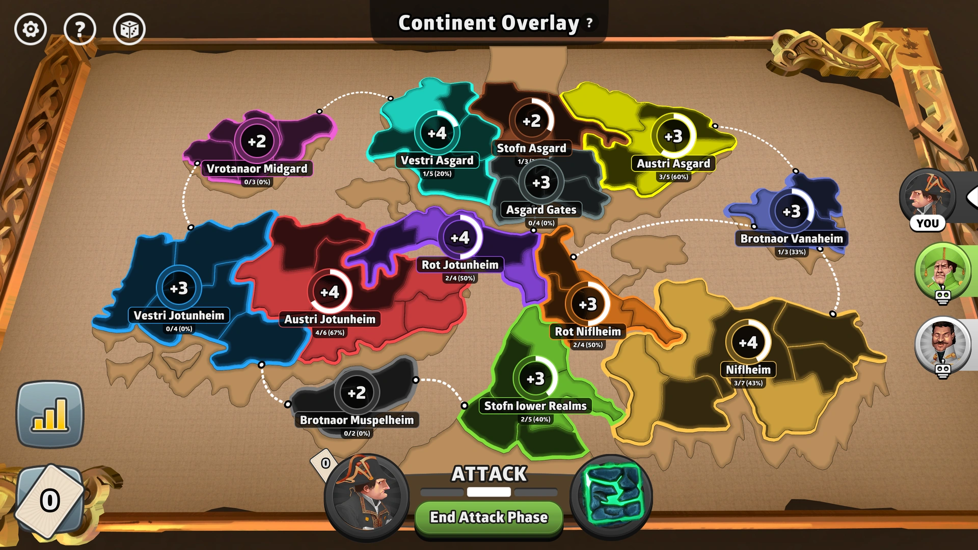 Roots of Yggdrasil map from Risk: Global Domination, displaying regions with troop bonuses.