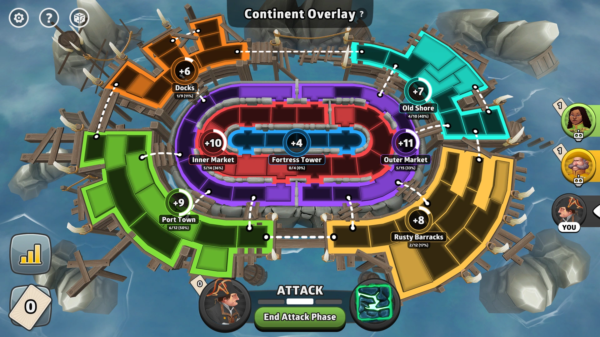 Seagrog's Fortress map from Risk: Global Domination, displaying key regions and troop bonuses.